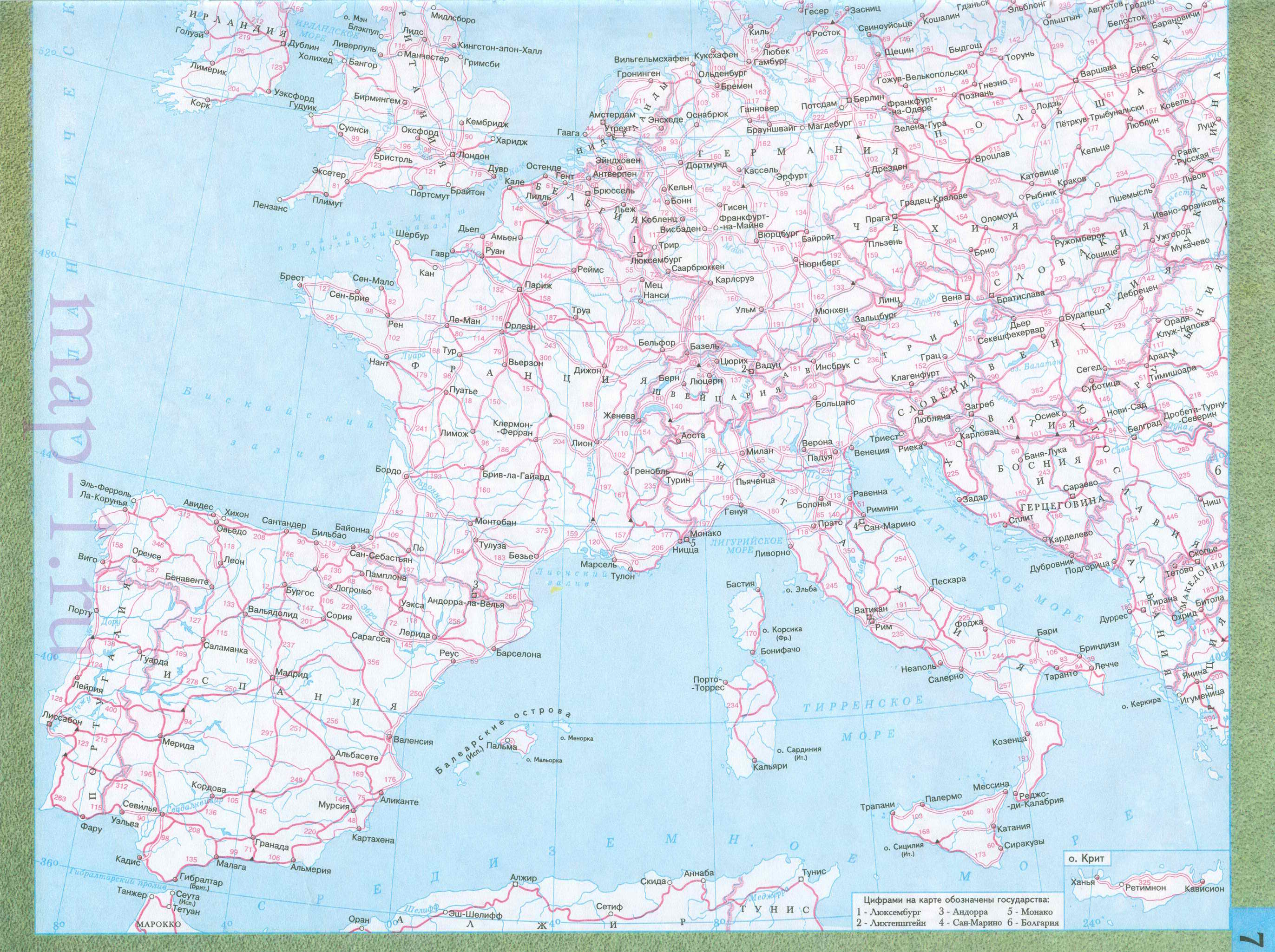  Карта Европы. Подробная карта Европы на русском языке. Карта авто дорог Западной и Восточной Европы на русском, A1 - 