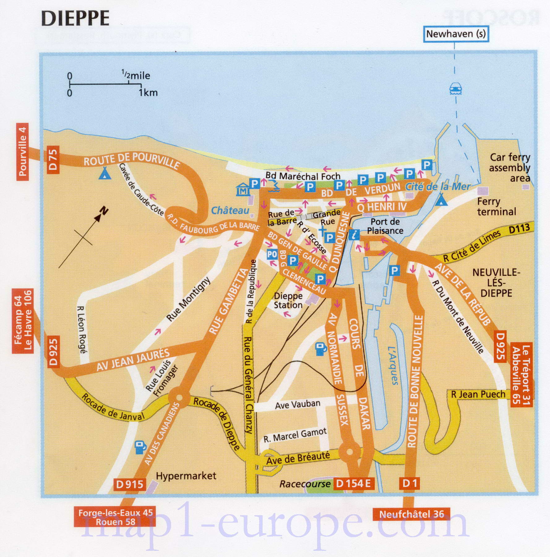 Карта Дьеппа. Автомобильная карта города порта Дьепп, Франция, A0 - 