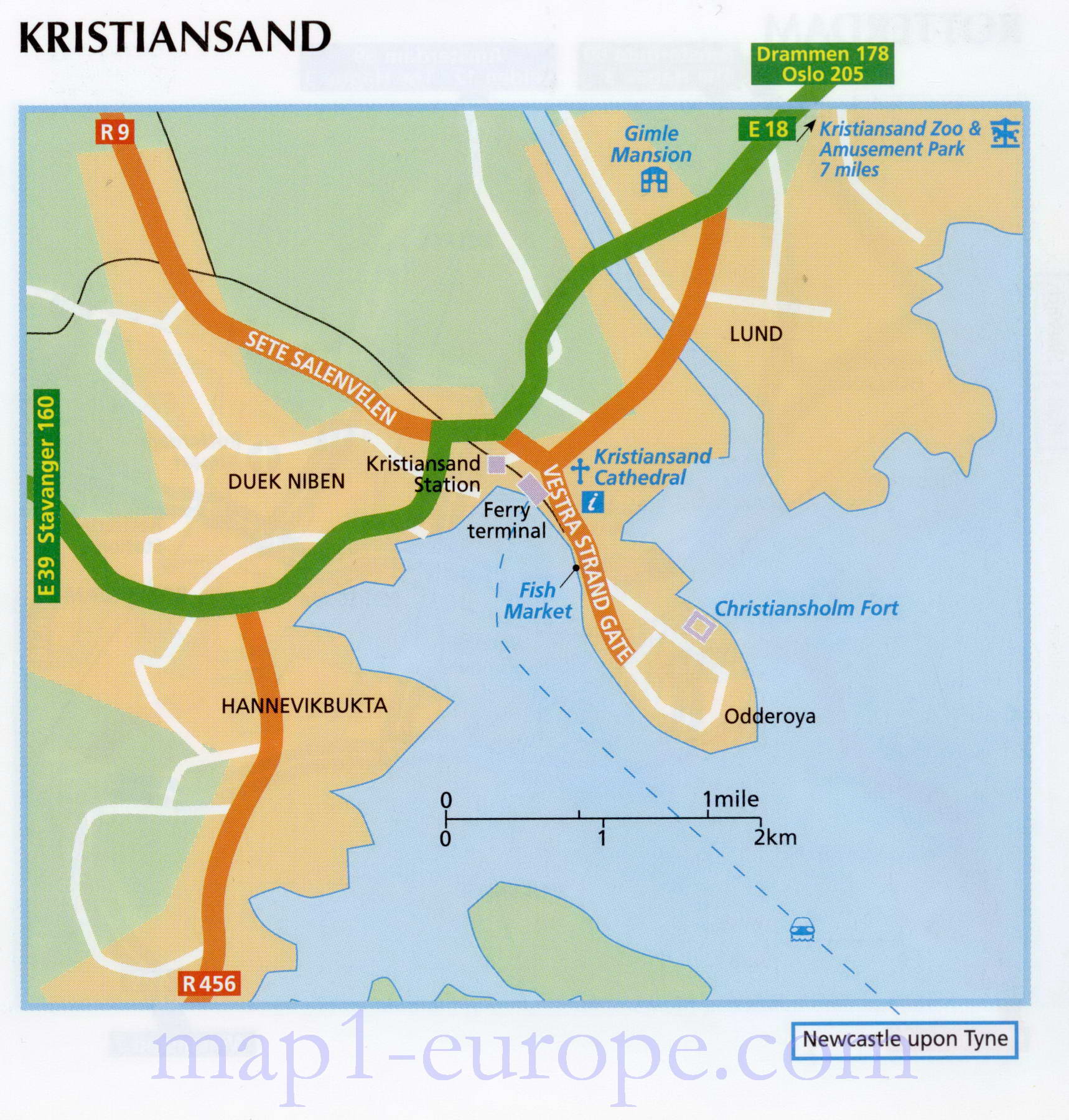 Карта Кристиансанда, Норвегия. Автомобильная карта города порта Кристиансанд (второй по величине порт Норвегии), A0 - 