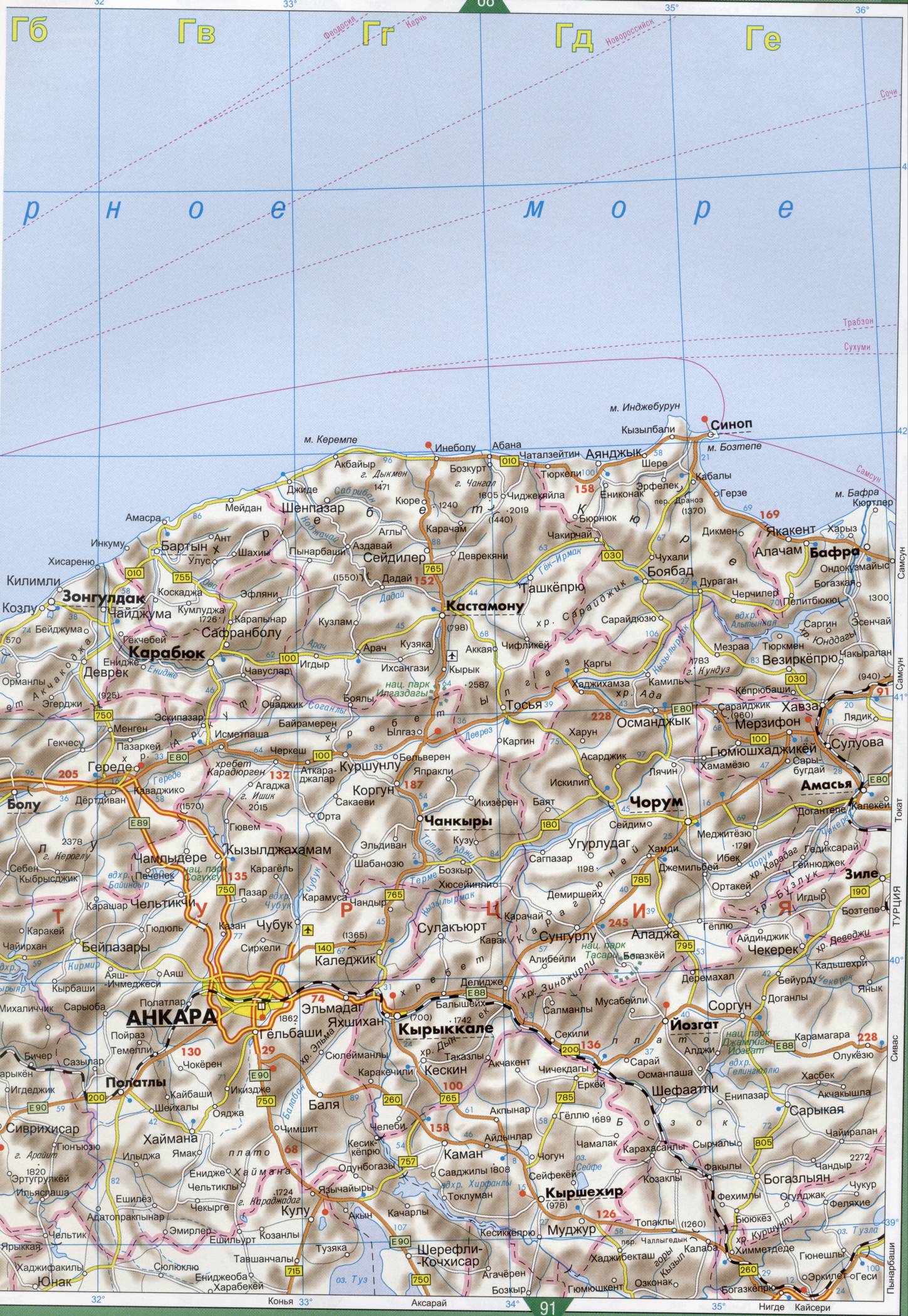 Карта Турции. Подробная карта Турции на русском языке. Карта автодорог Турции на русском, D0 - 