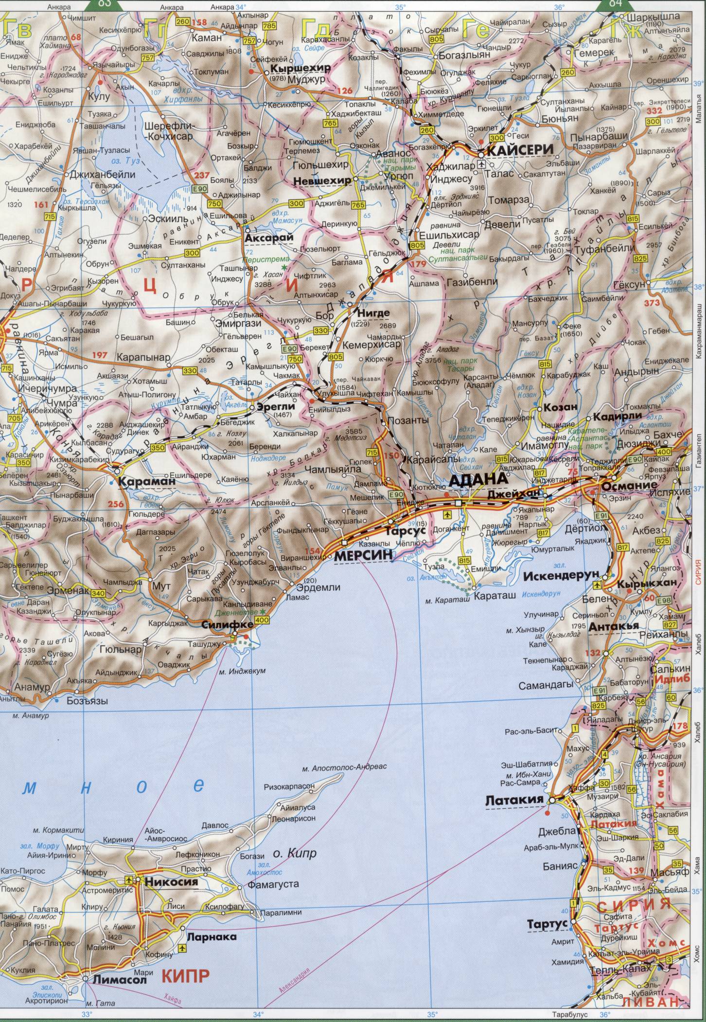 Карта Турции. Подробная карта Турции на русском языке. Карта автодорог Турции на русском, D1 - 