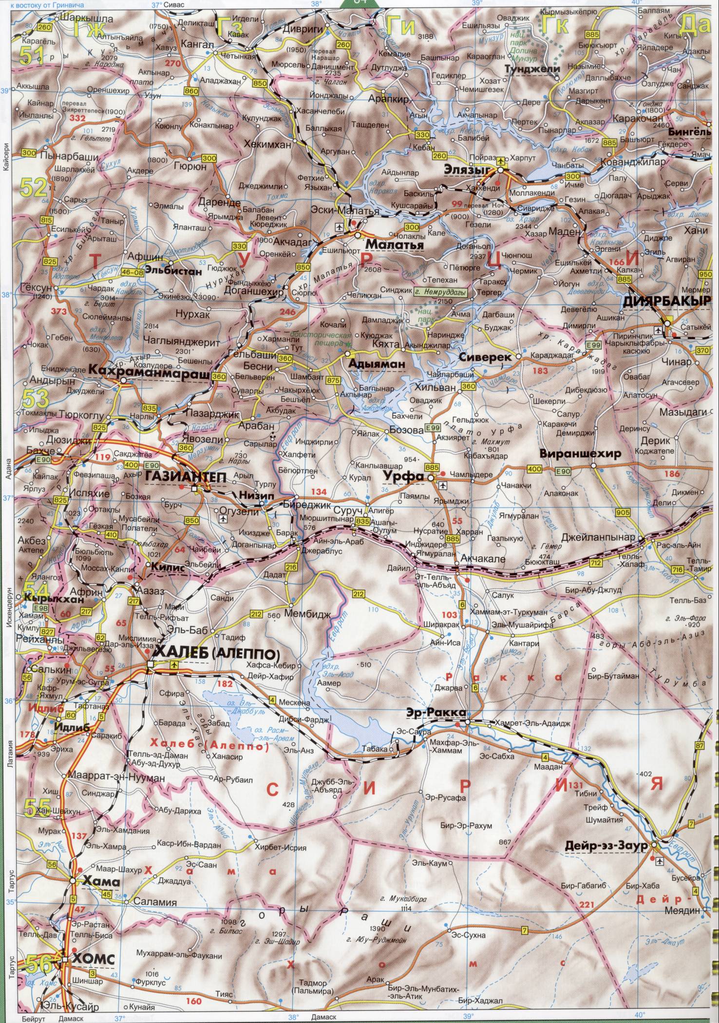 Карта Турции. Подробная карта Турции на русском языке. Карта автодорог Турции на русском, E1 - 