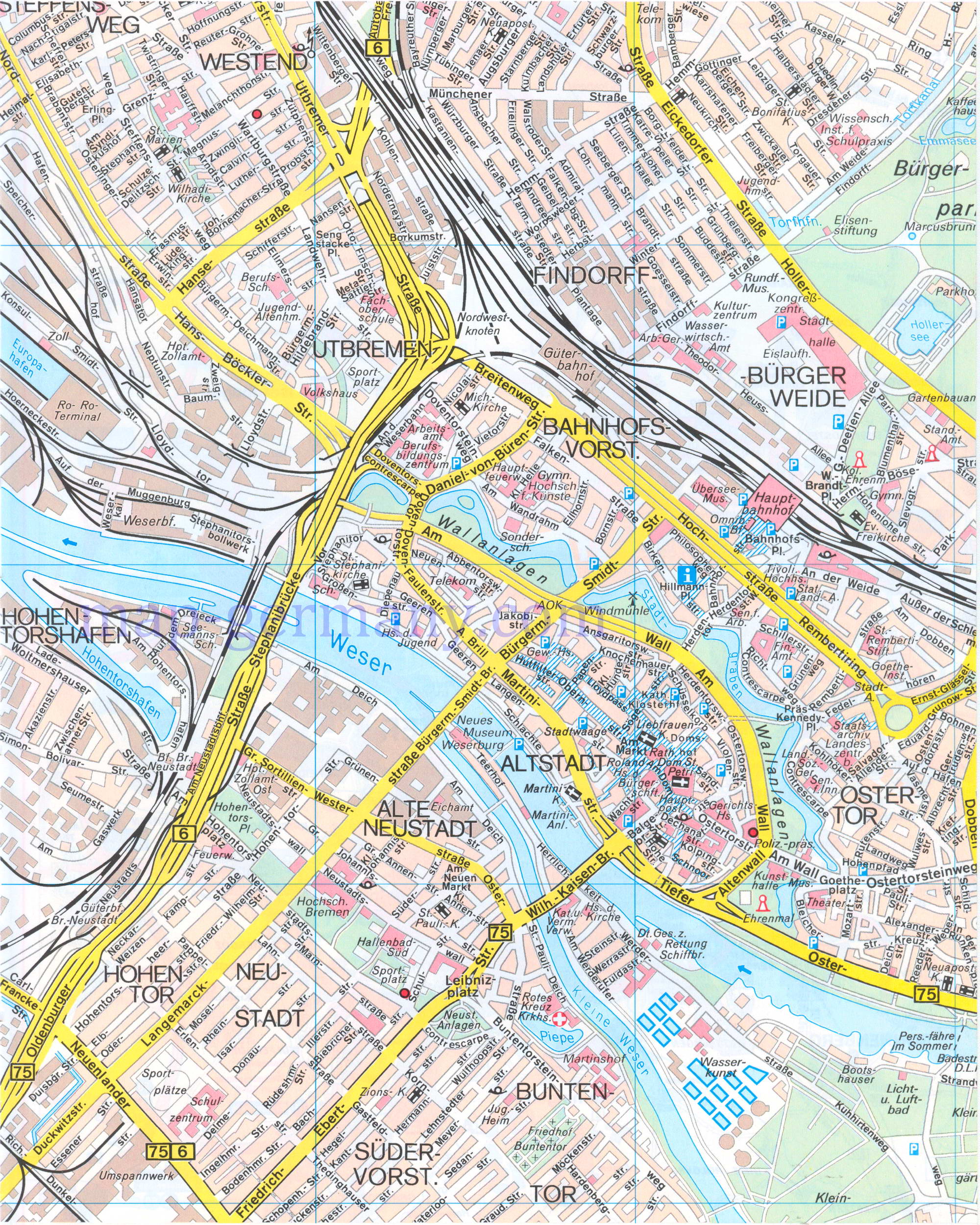 Карта улиц Бремена. Подробная карта улиц города Бремен, A0 - 