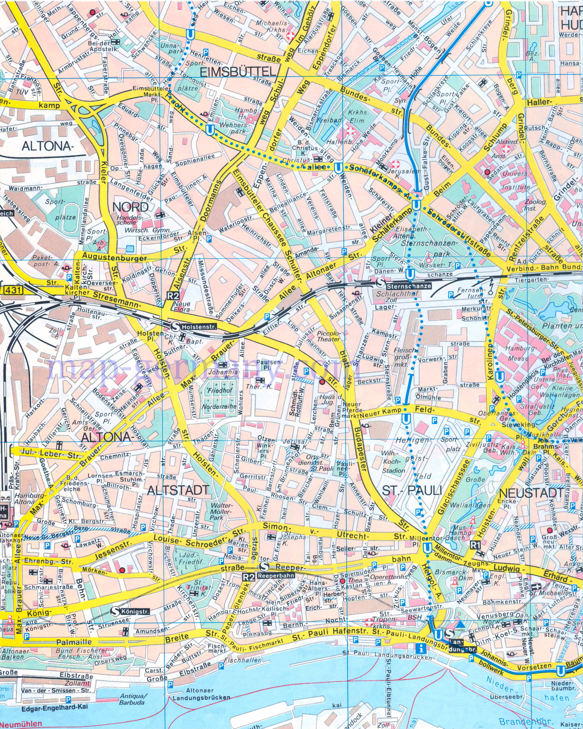 Карта улиц Гамбурга. Подробная карта улиц города Гамбург, A0 - 