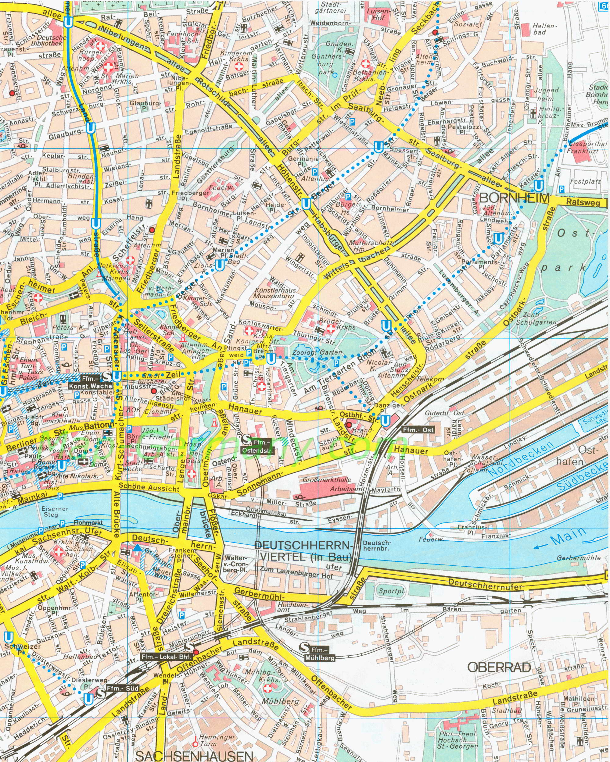 Карта улиц Франкфурта. Подробная карта улиц Франкфурта масштаба 1см:150м, B0 - 