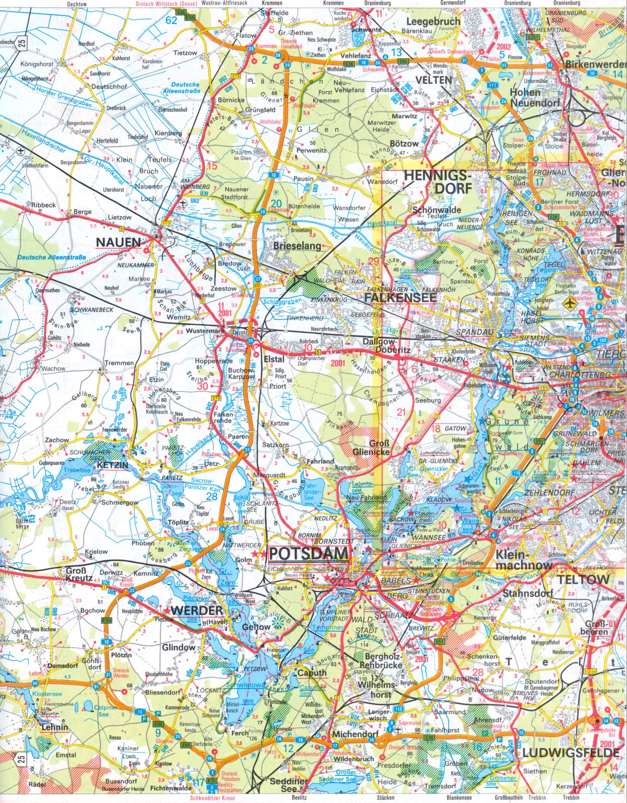 Карта окрестностей Берлина. Большая подробная автомобильная карта окрестностей Берлина, A0 - 