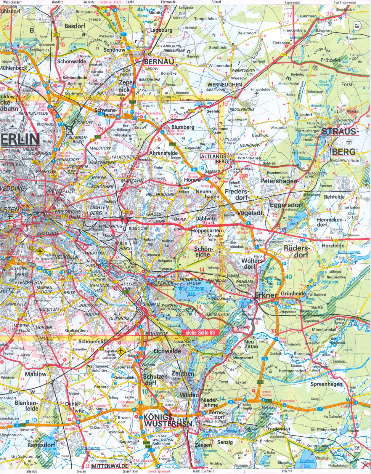 Карта окрестностей Берлина. Большая подробная автомобильная карта окрестностей Берлина, B0 - 