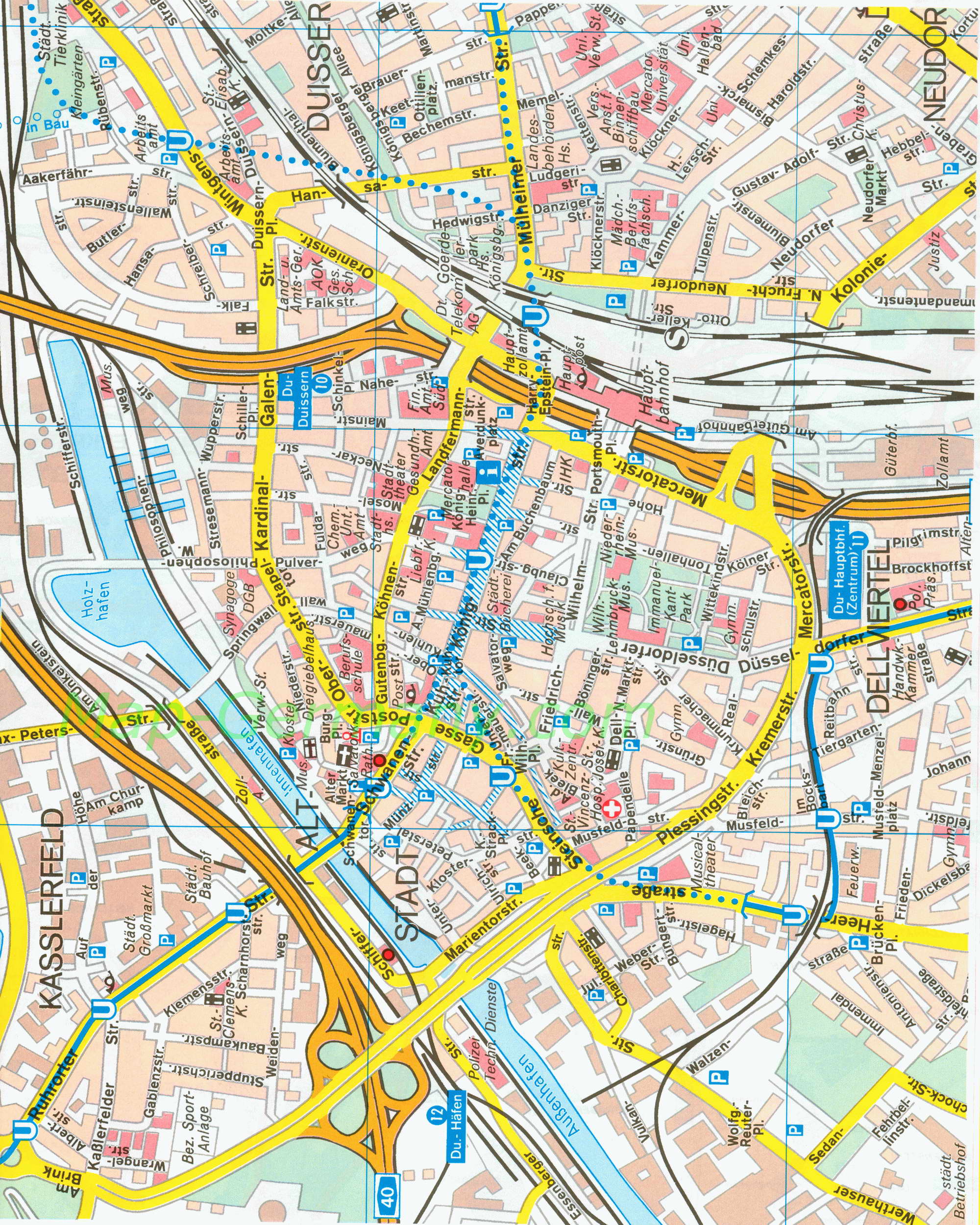 Карта улиц Дуйсбурга. Подробная карта улиц города Дуйсбург, Германия, A0 - 