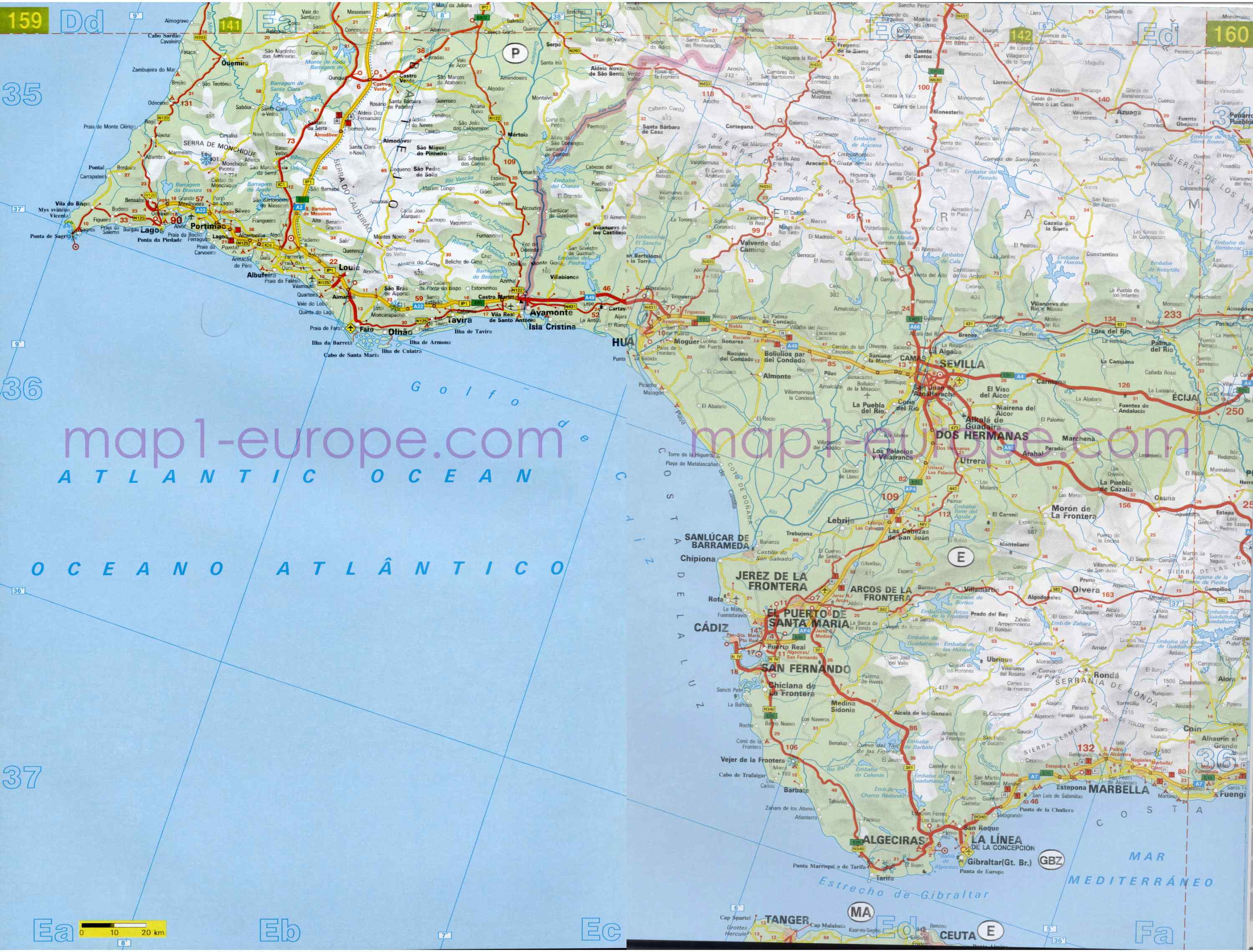 Автомобильная карта Европы. Атлас автомобильных дорог Европы на общей карте, A8 - 