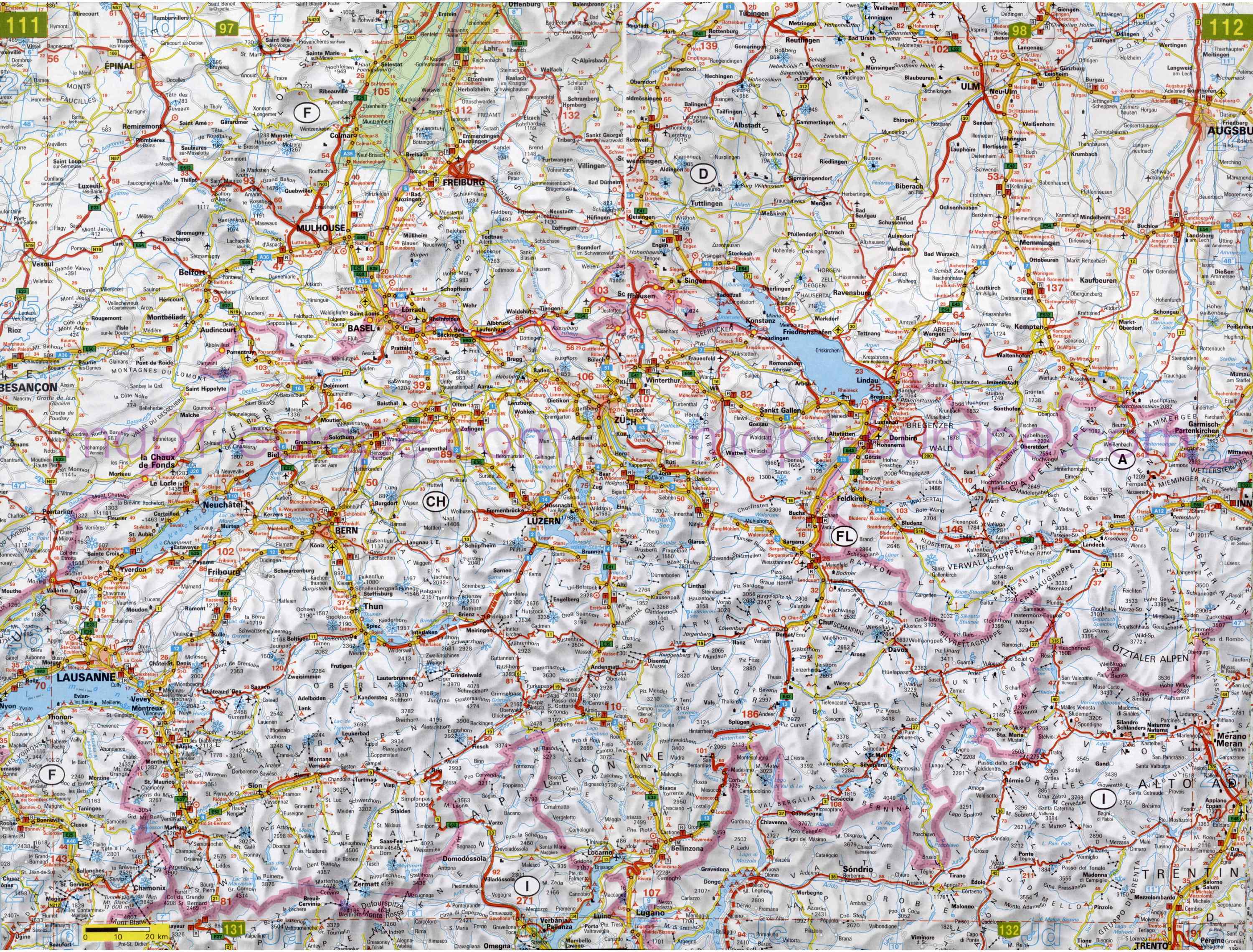 Автомобильная карта Европы. Атлас автомобильных дорог Европы на общей карте, E5 - 