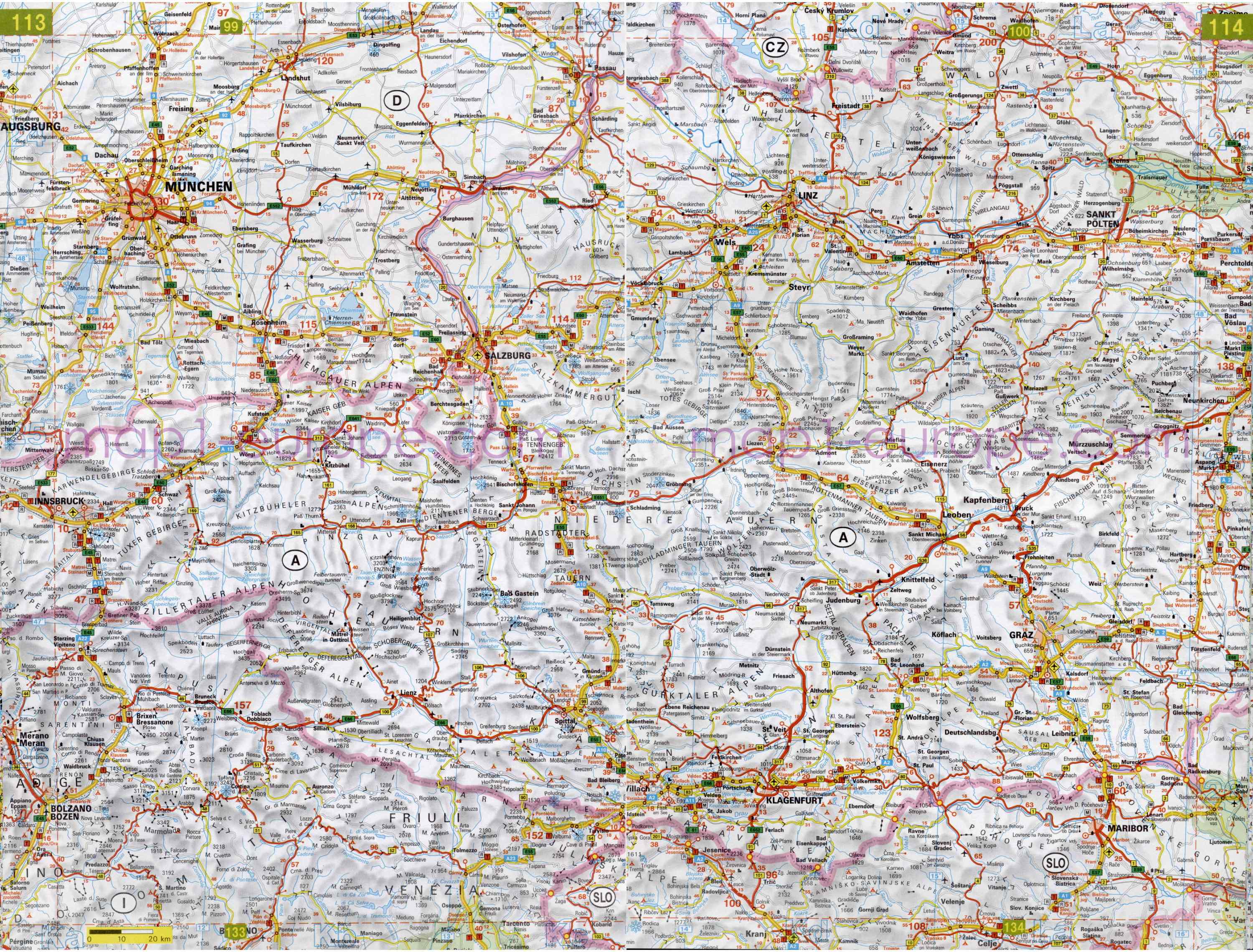 Автомобильная карта Европы. Атлас автомобильных дорог Европы на общей карте, F5 - 