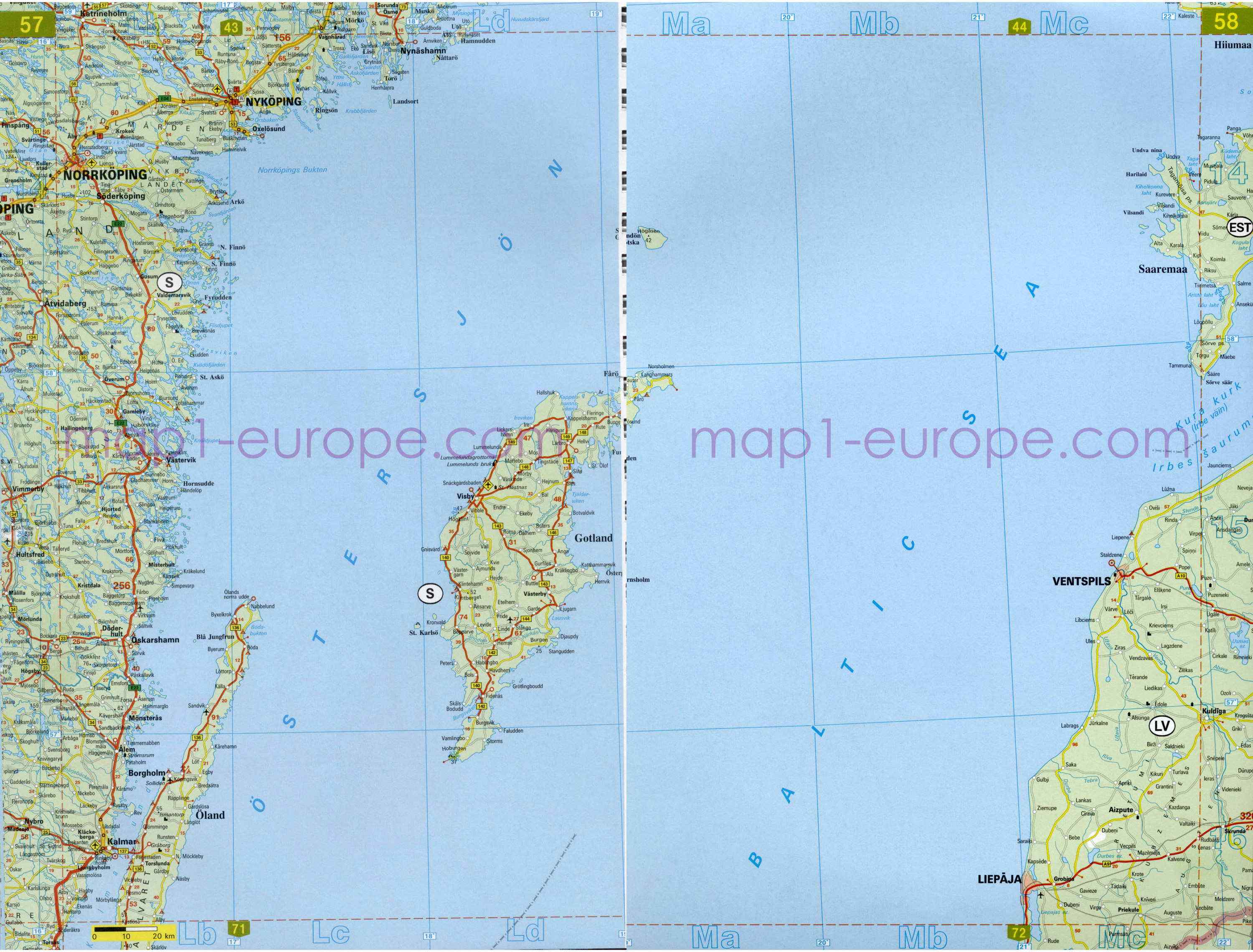 Автомобильная карта Европы. Атлас автомобильных дорог Европы на общей карте, G1 - 