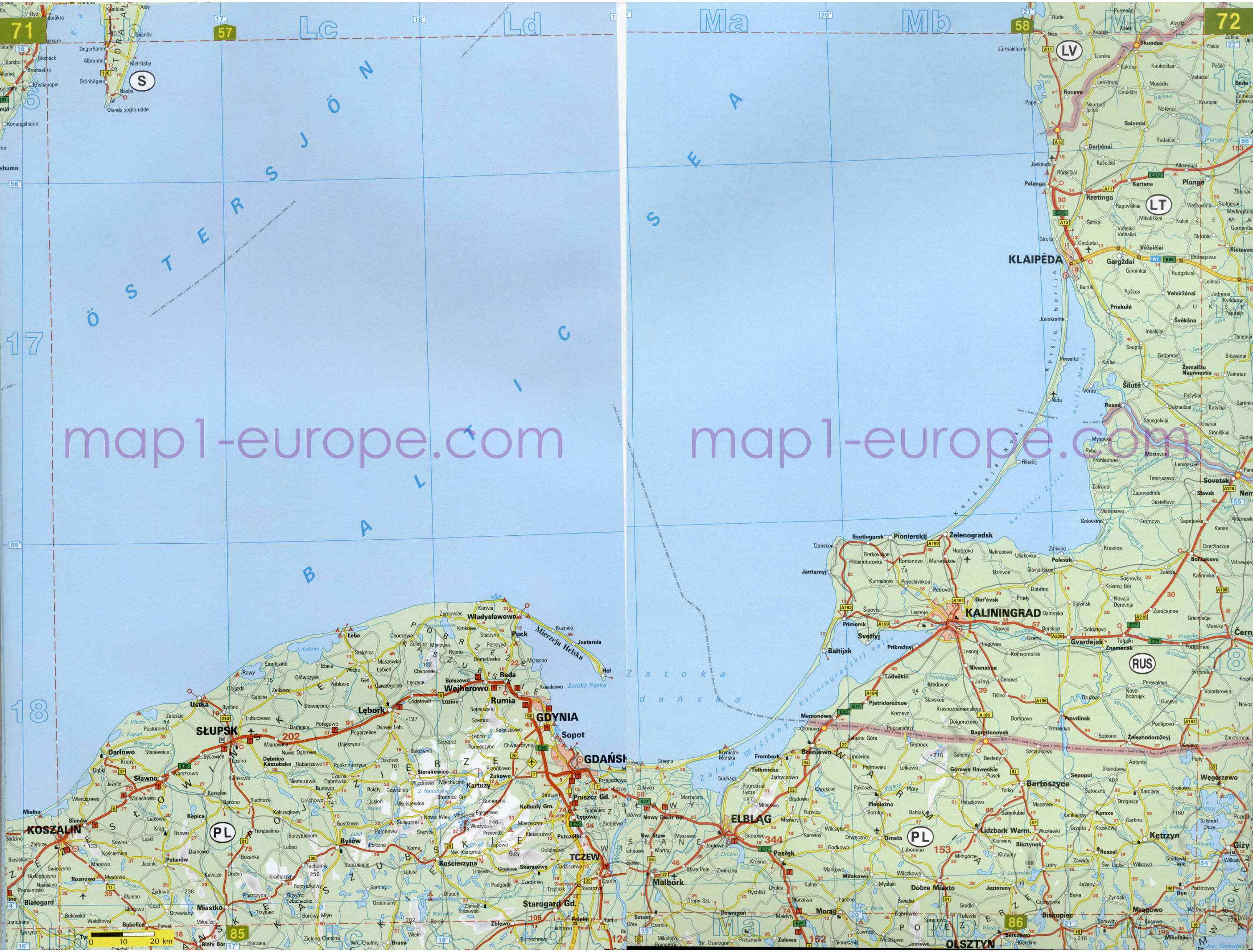Автомобильная карта Европы. Атлас автомобильных дорог Европы на общей карте, G2 - 