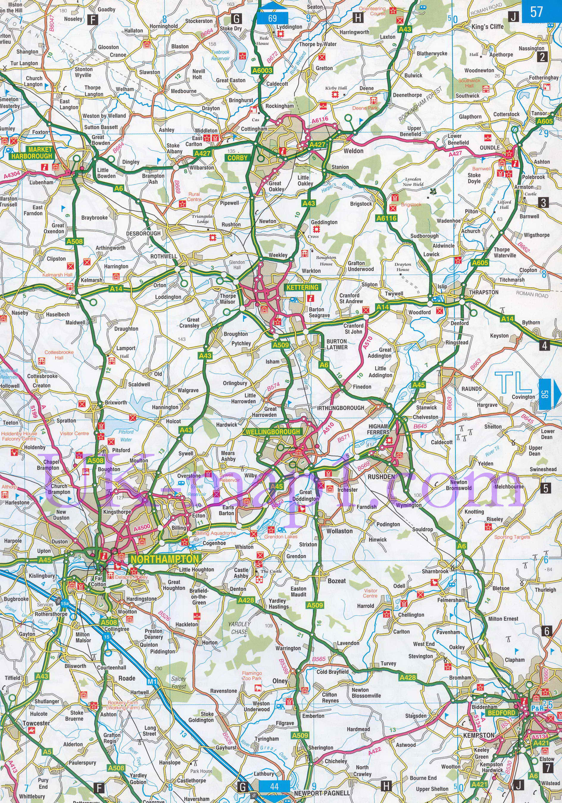 Карта графства Бедфордшир. Подробная карта автодорог Бедфордшира (Англия), A0 - 