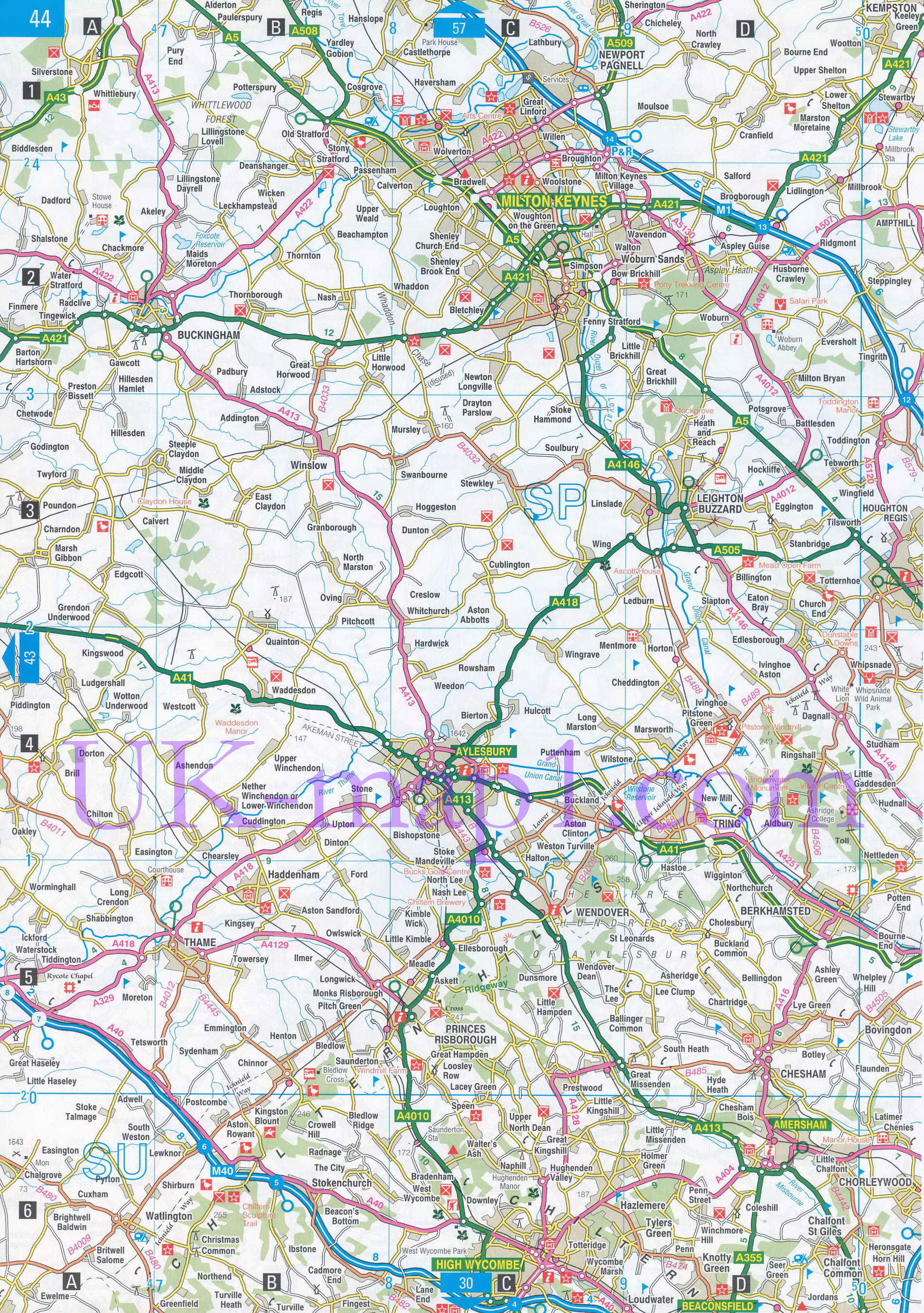 Карта графства Бедфордшир. Подробная карта автодорог Бедфордшира (Англия), A1 - 