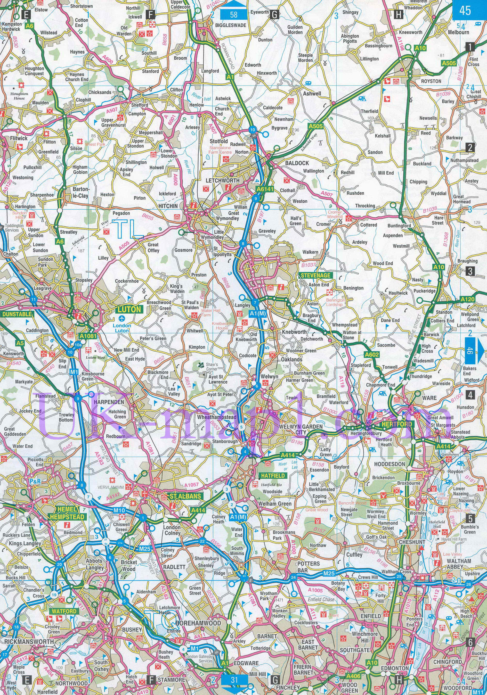 Карта графства Бедфордшир. Подробная карта автодорог Бедфордшира (Англия), B1 - 