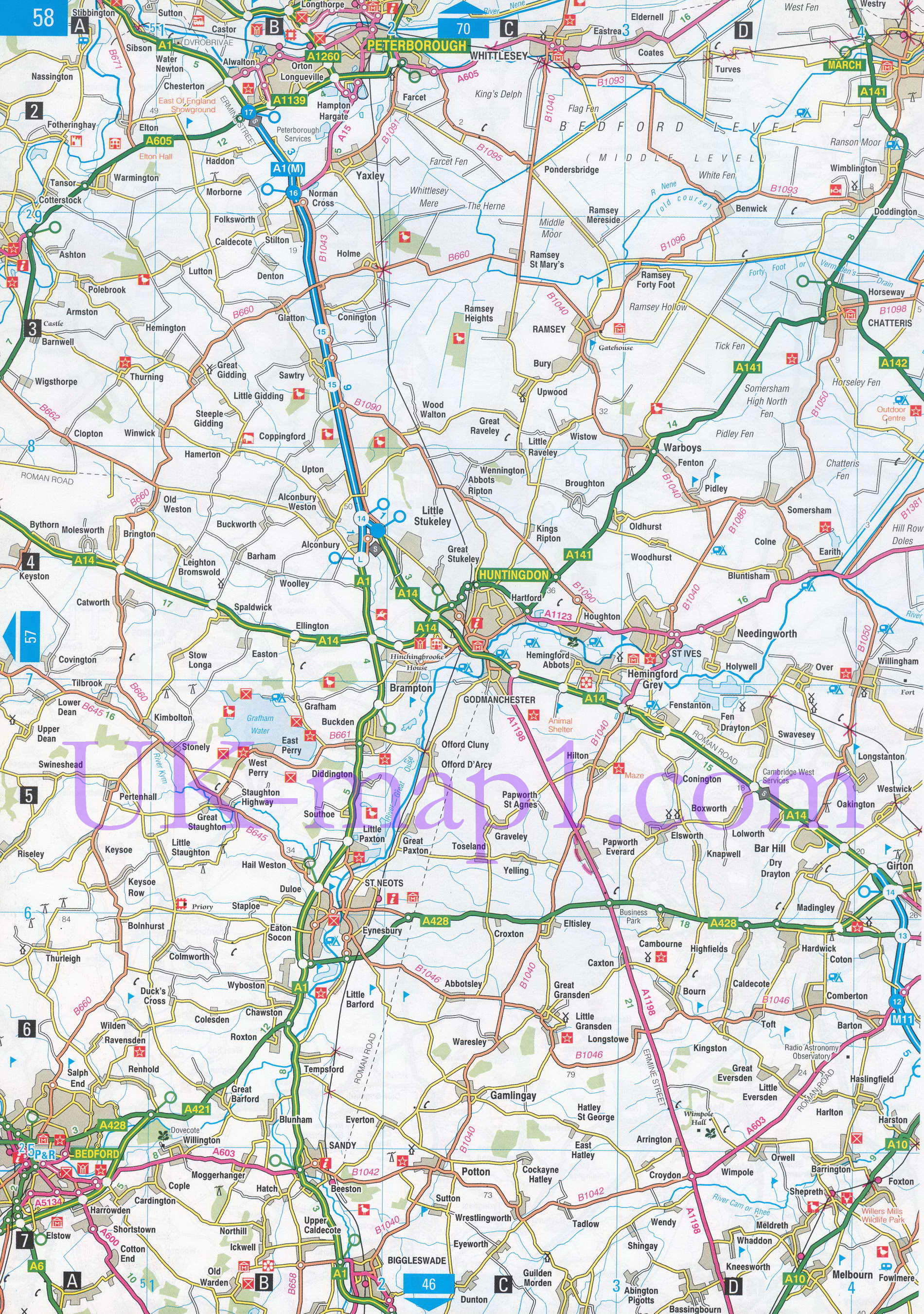 Карта графства Кембриджшир. Подробная карта автодорог графство Кембриджшир, A0 - 