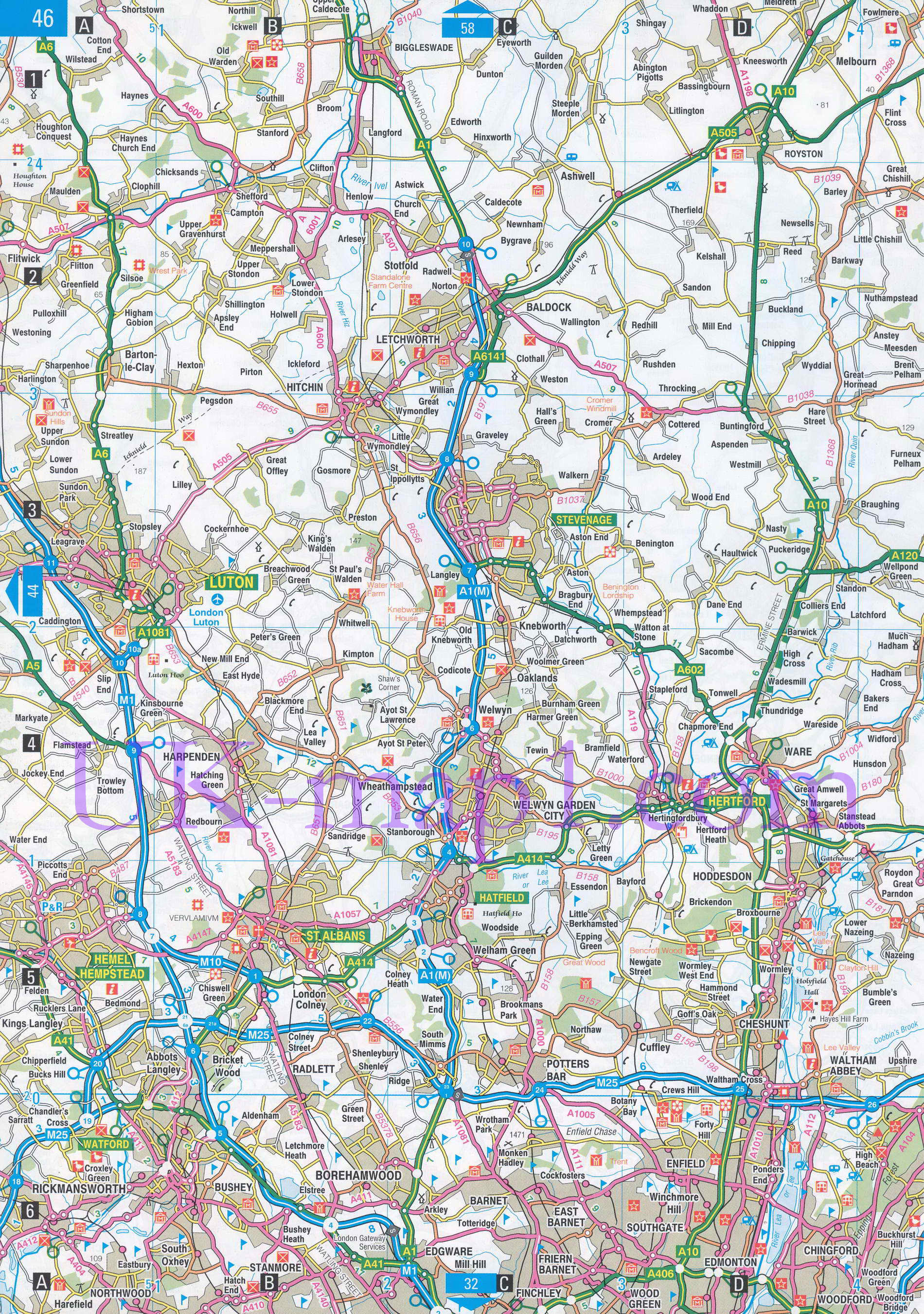 Карта графства Кембриджшир. Подробная карта автодорог графство Кембриджшир, A1 - 