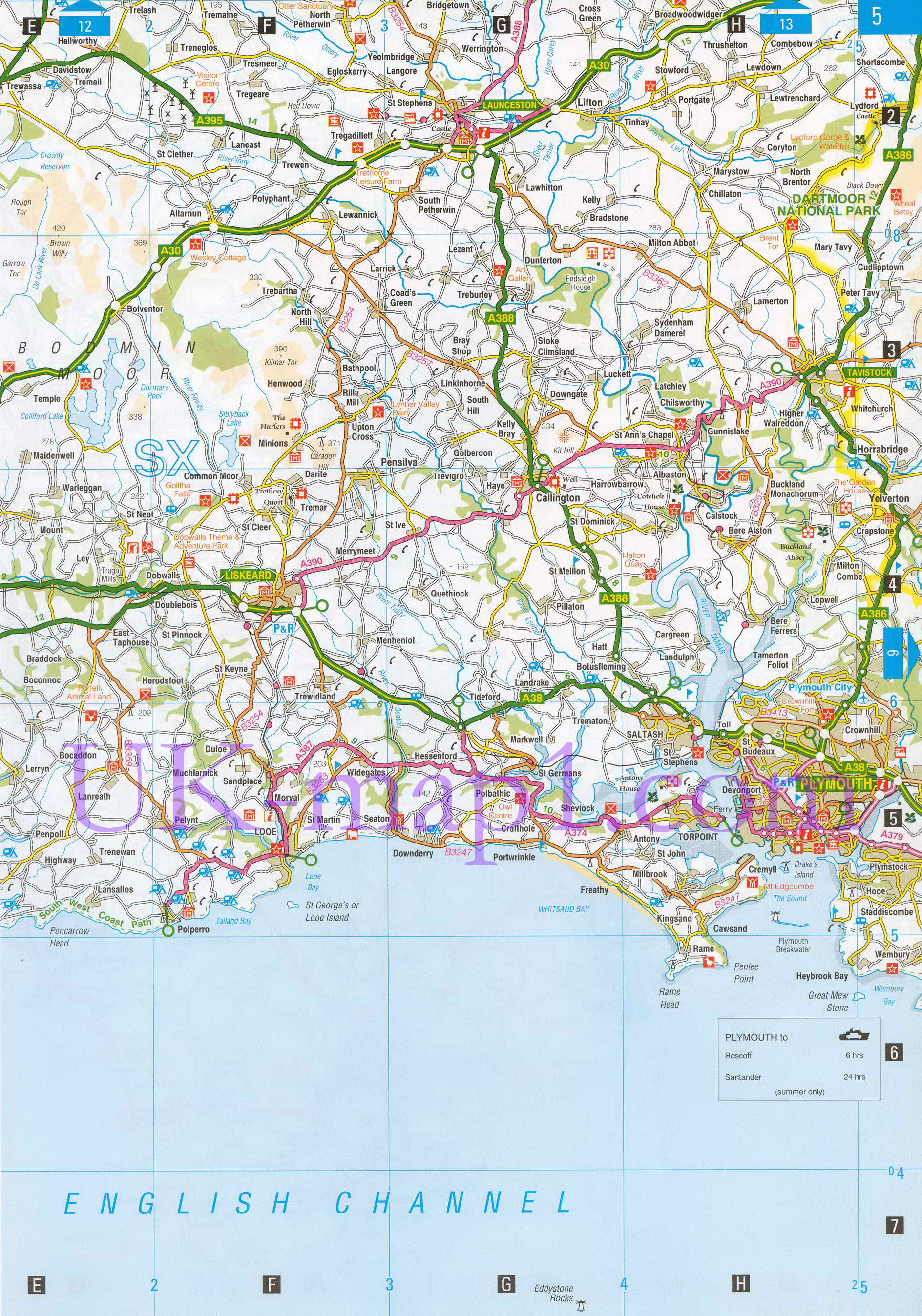 Карта графства Девон. Карта автомобильных дорог графства Девон (Англия), A0 - 