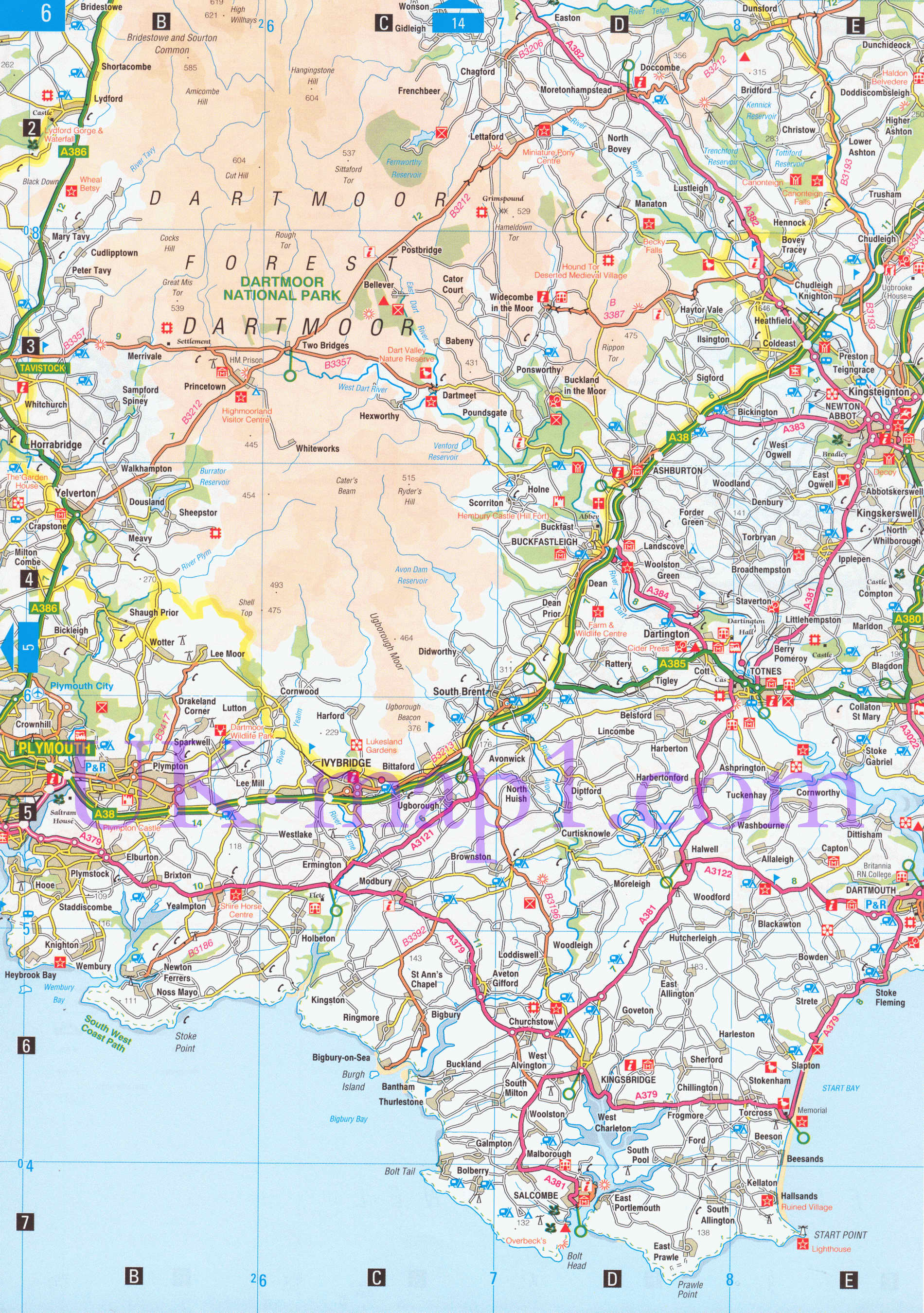 Карта графства Девон. Карта автомобильных дорог графства Девон (Англия), B0 - 