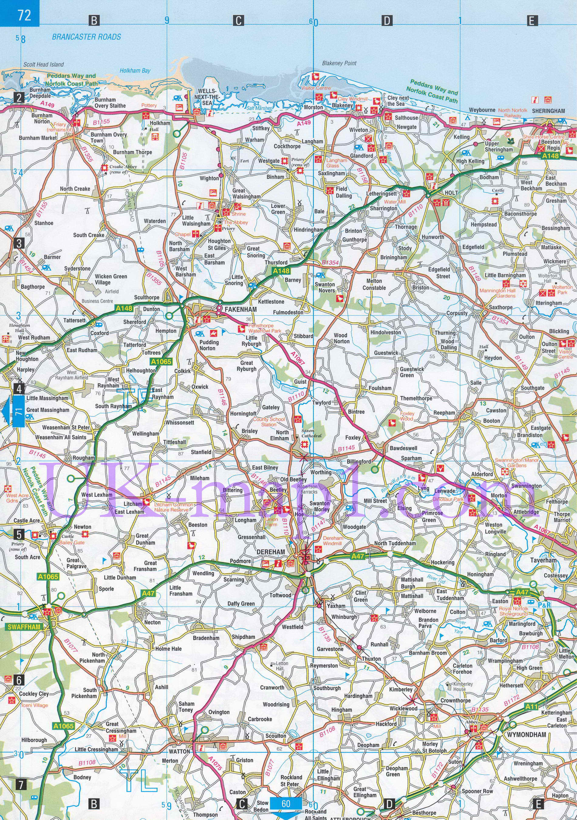 Карта графства Норфолк. Подробная карта автодорог - графство Норфолк (Англия), B0 - 