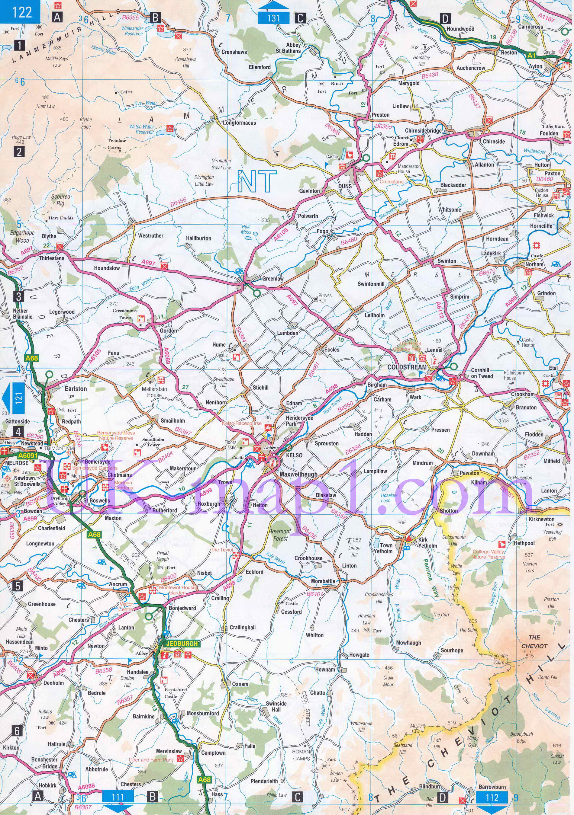 Карта графства Нортамберленд (север). Подробная карта автомобильных дорог графства Нортамберленд (Англия), A0 - 