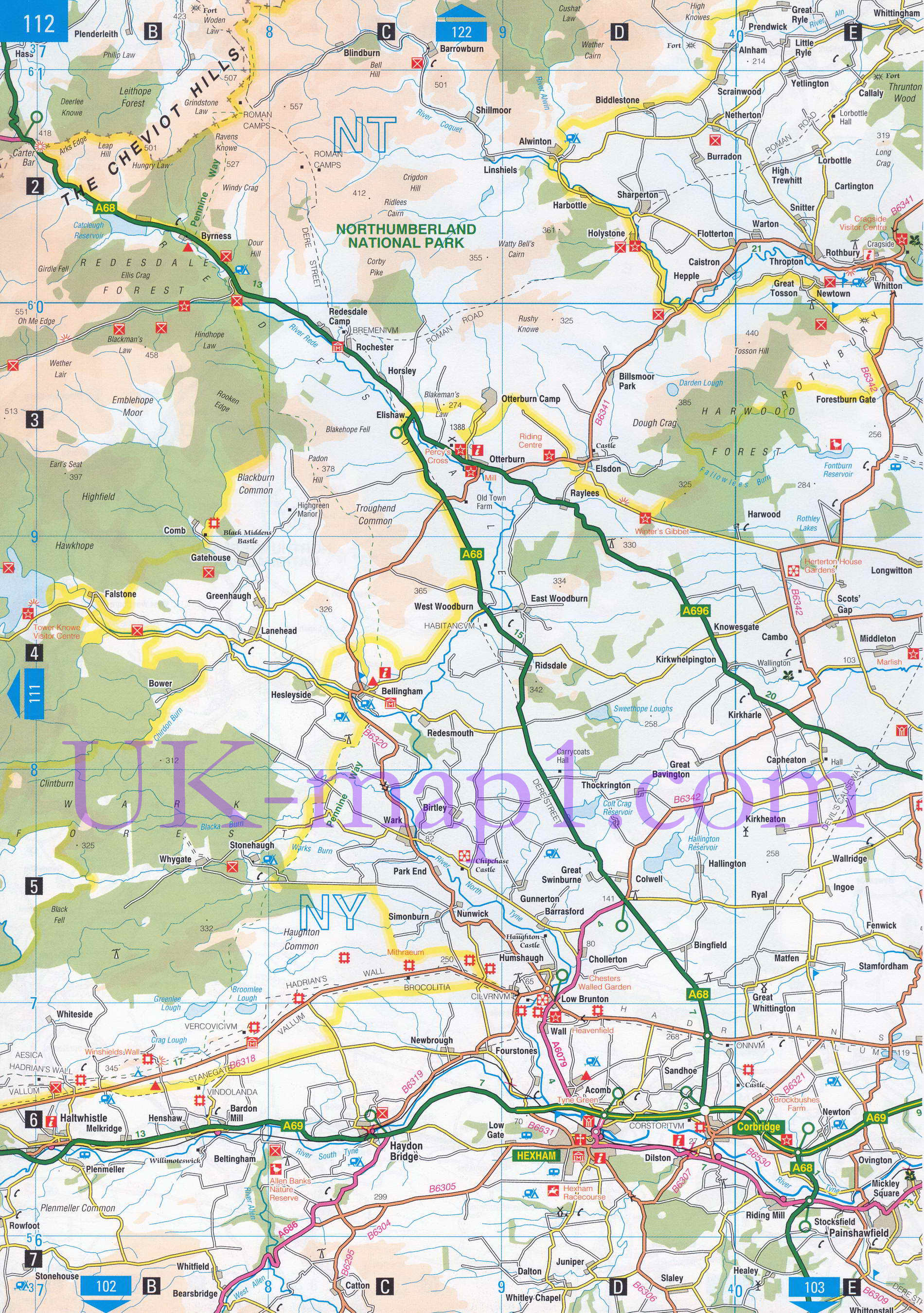 Карта графства Нортамберленд (север). Подробная карта автомобильных дорог графства Нортамберленд (Англия), A1 - 