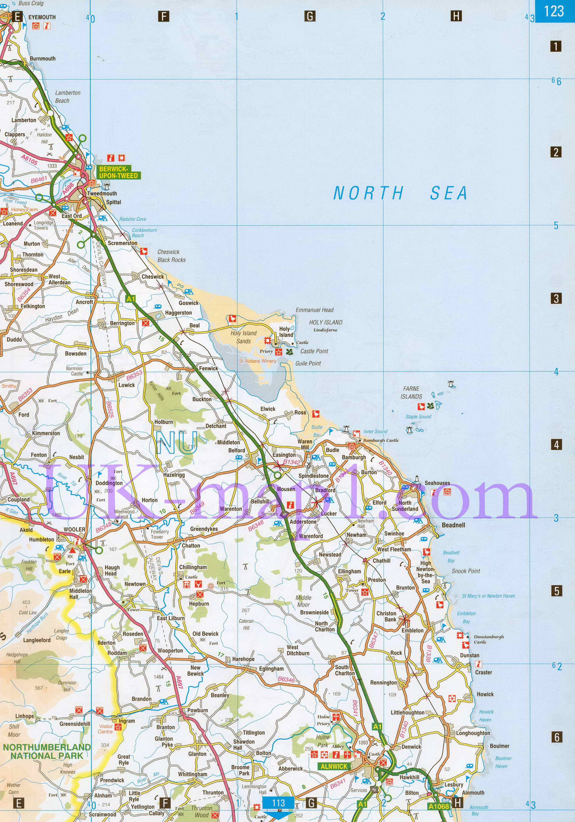 Карта графства Нортамберленд (север). Подробная карта автомобильных дорог графства Нортамберленд (Англия), B0 - 