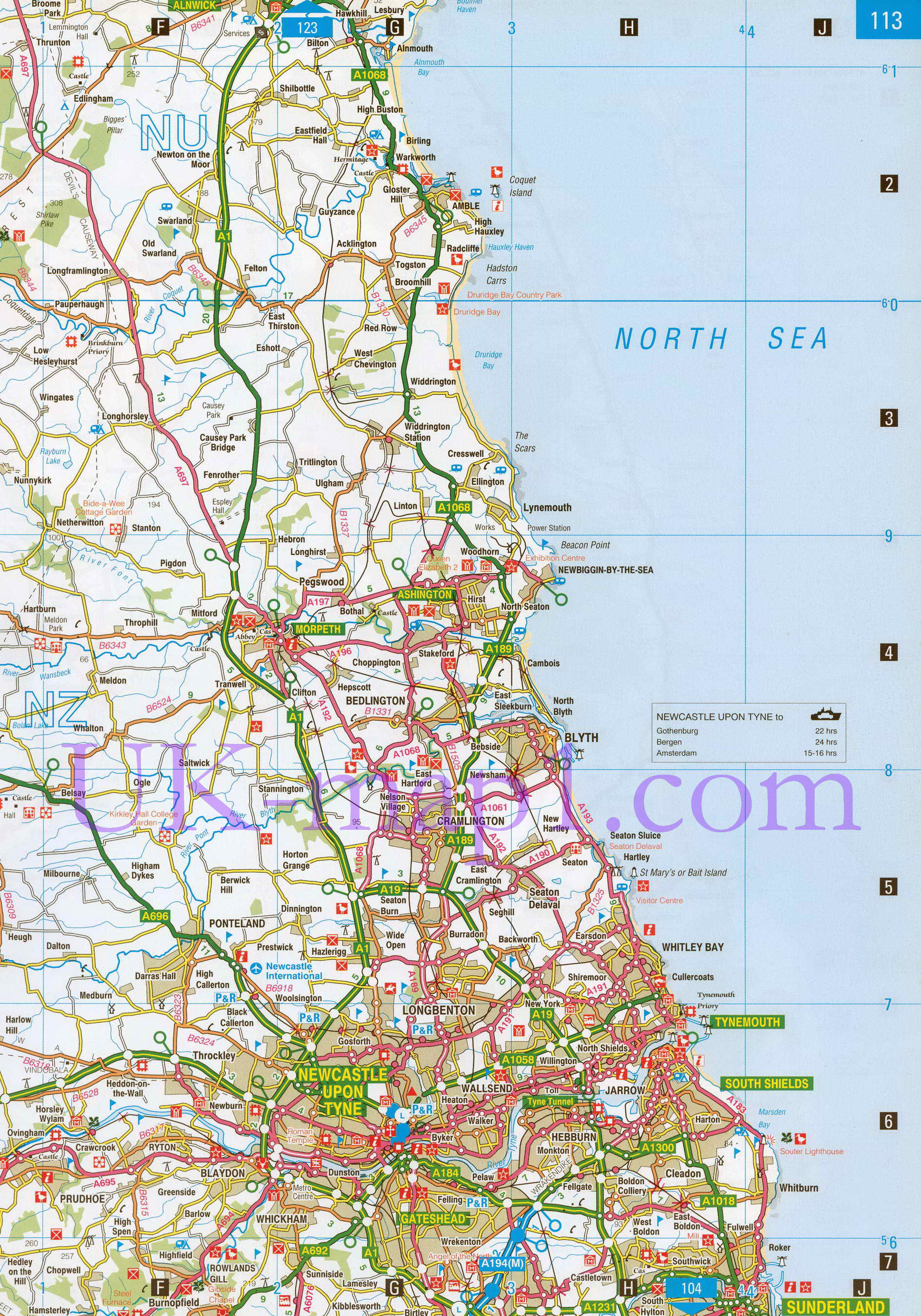 Карта графства Нортамберленд (север). Подробная карта автомобильных дорог графства Нортамберленд (Англия), B1 - 