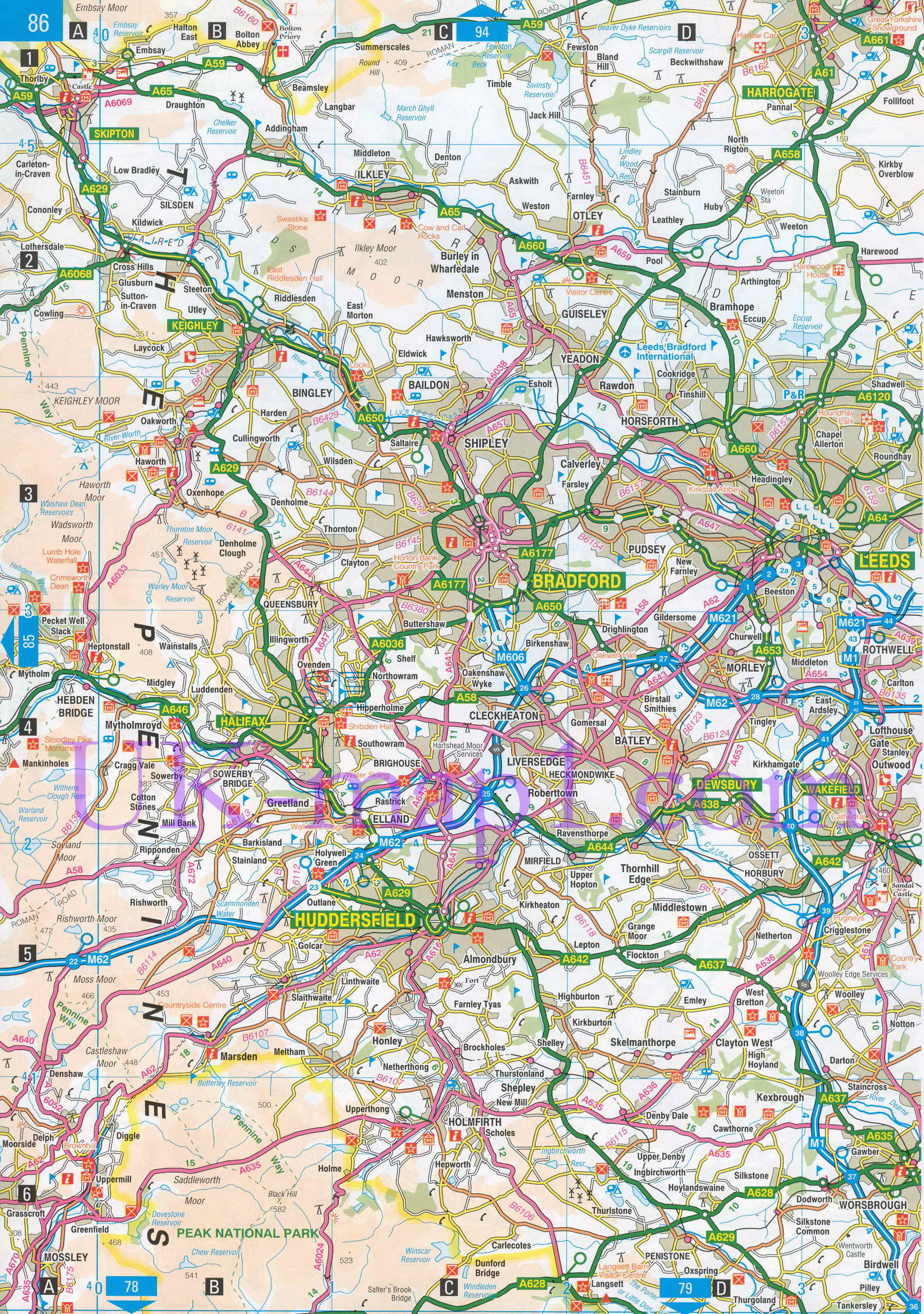 Карта Западного Йоркшира. Подробная карта графства Западный Йоркшир (Англия), A0 - 
