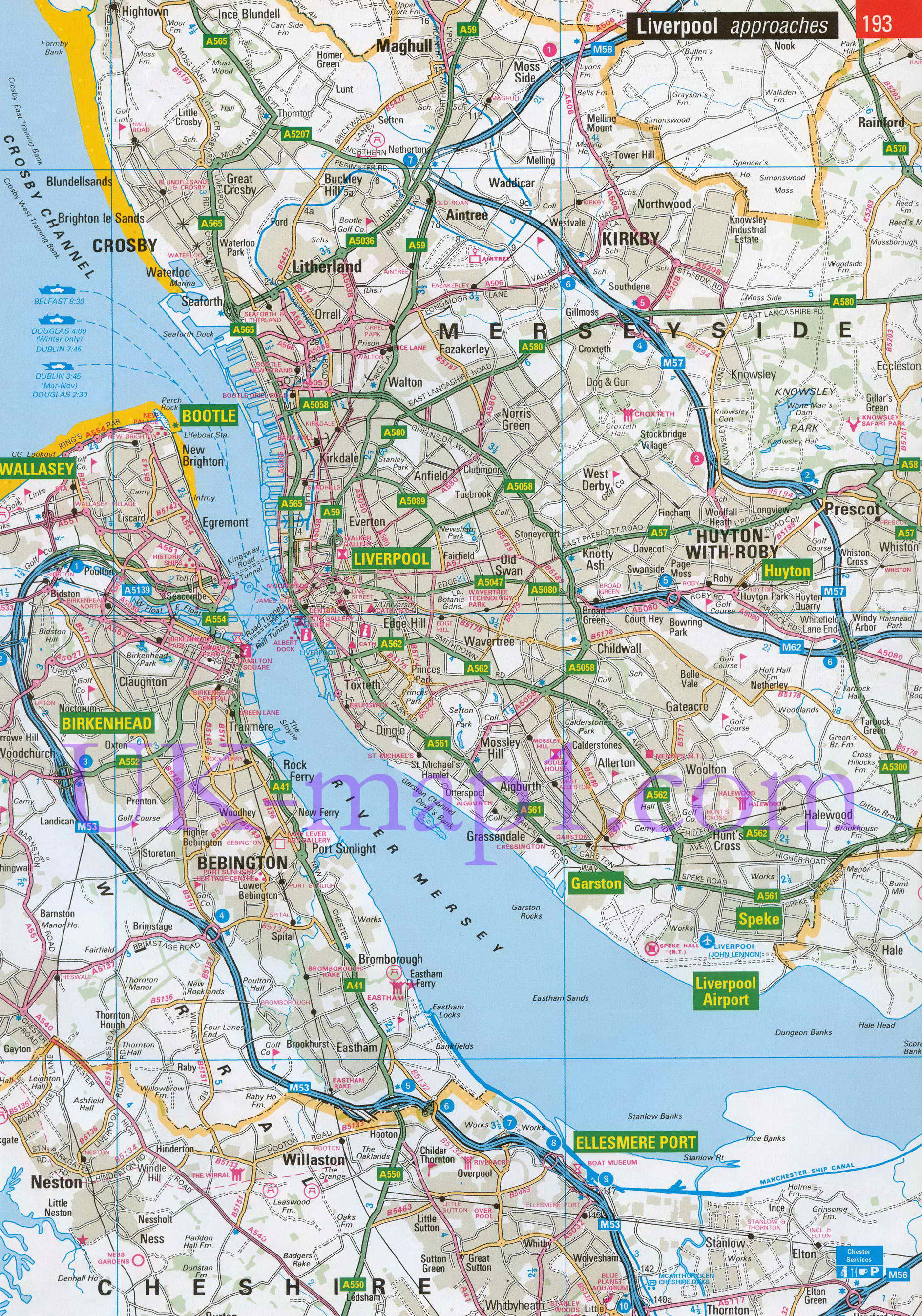 Карта окрестностей Ливерпуля. Карта автомобильных дорог окрестностей Ливерпуля, A0 - 