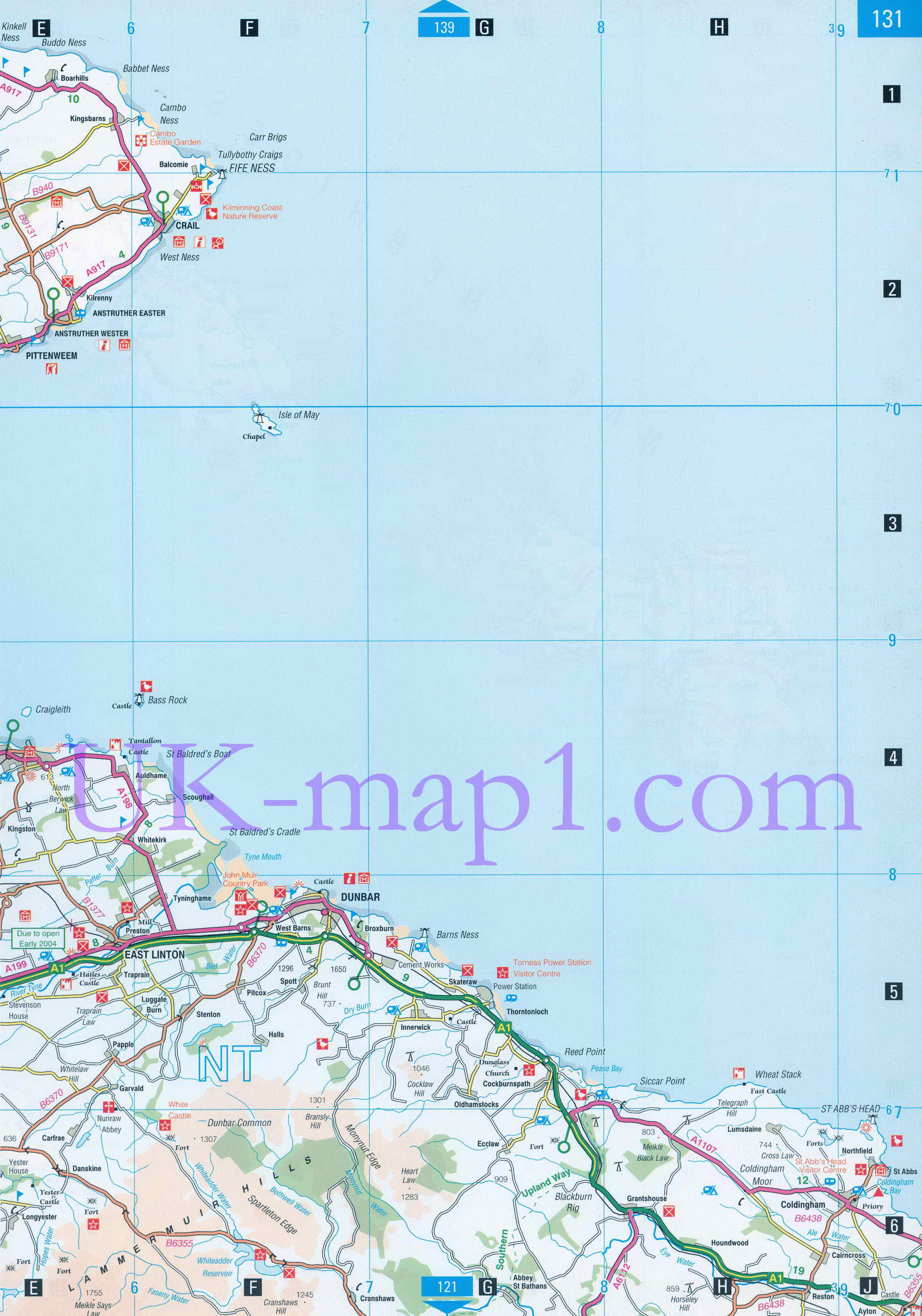 Карта Восточного Лотиана. Подробная карта области Восточный Лотиан, Шотландия, B0 - 