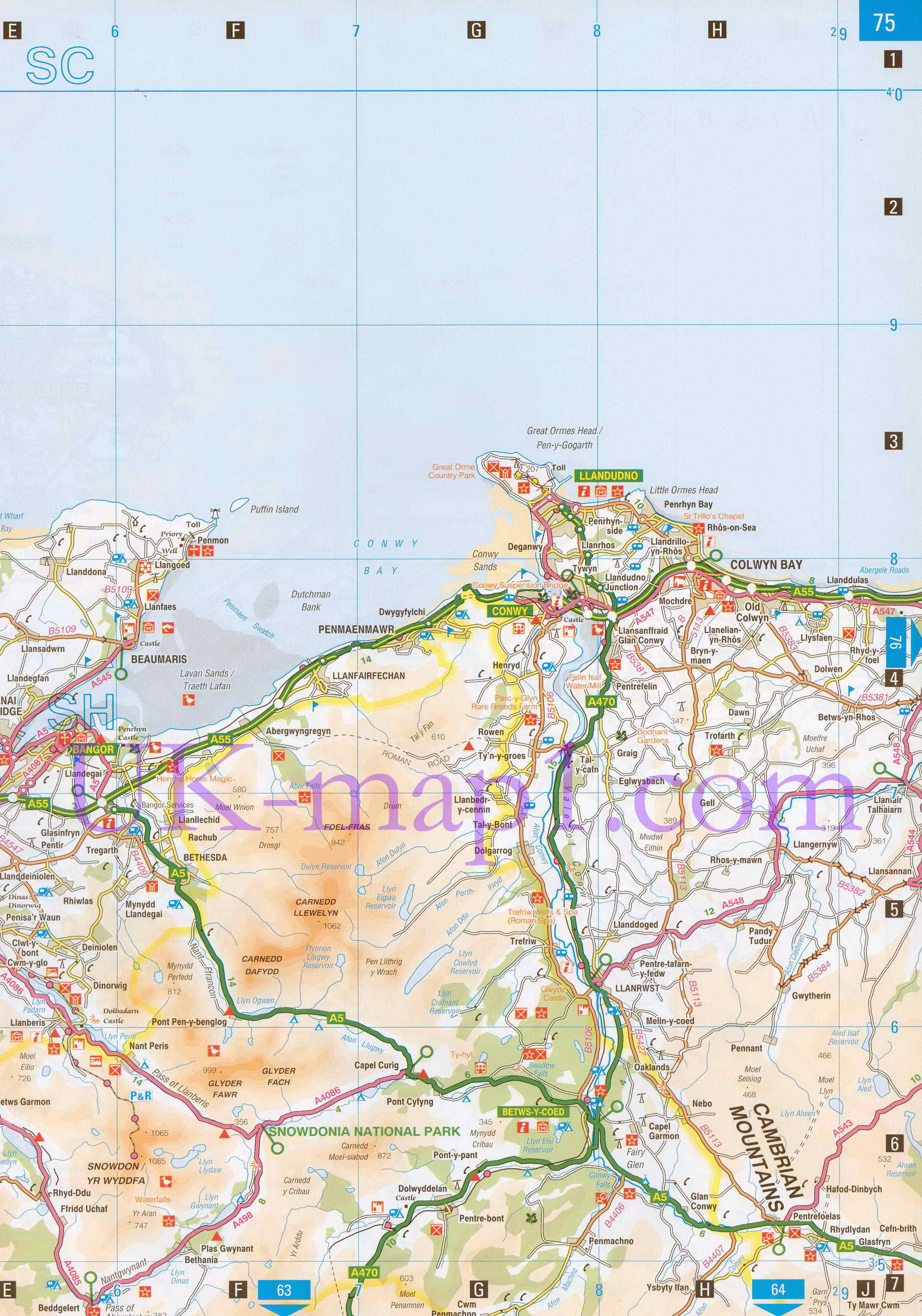 Карта Конуи. Подробная карта автомобильных дорог города-графства Конуи, Уэльс, A0 - 