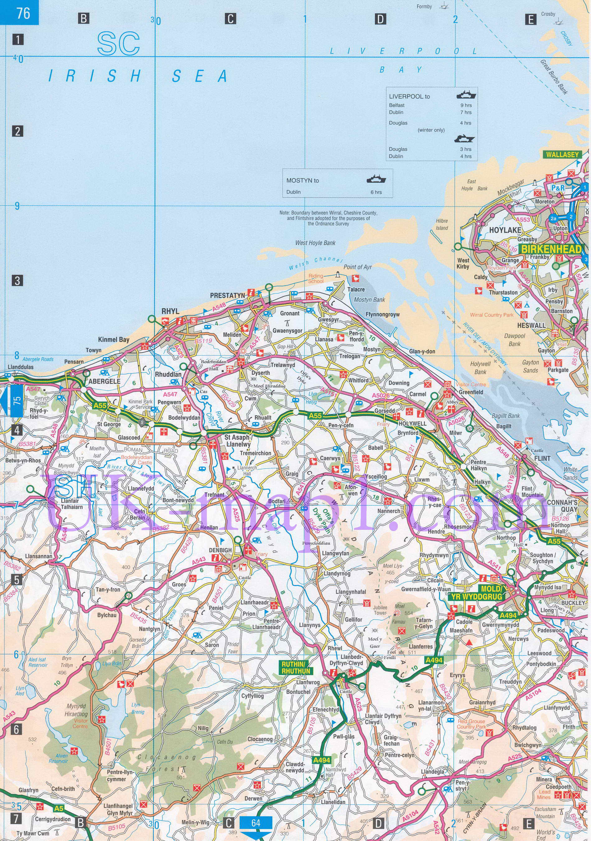 Карта Конуи. Подробная карта автомобильных дорог города-графства Конуи, Уэльс, B0 - 