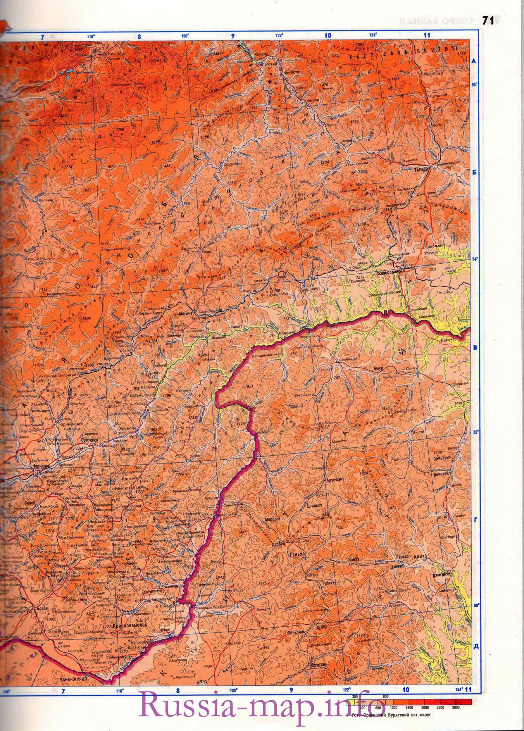 Карта Забайкалья. Подробная физическая карта Забайкалья, B0 - 