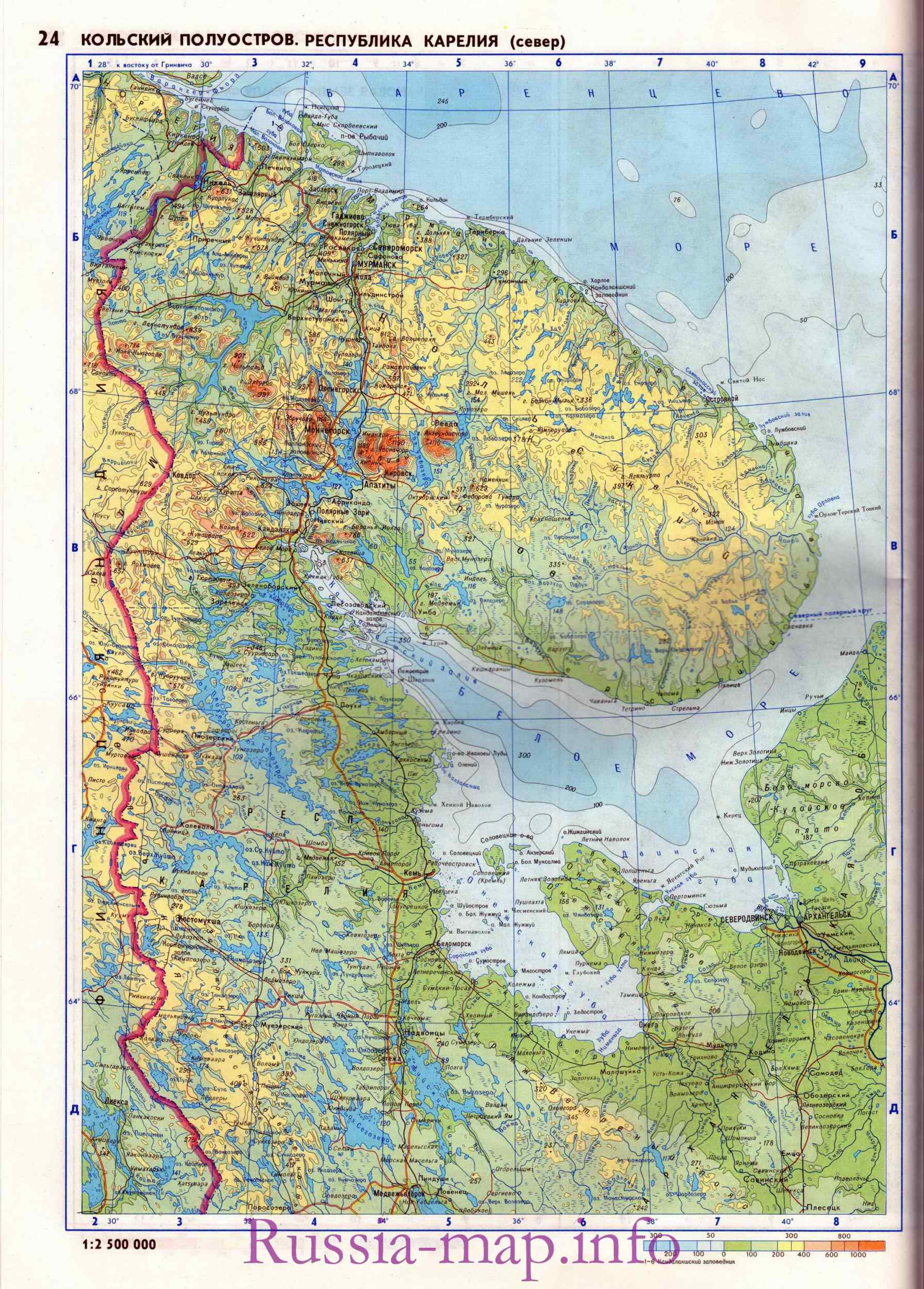 Карта Кольского полуострова. Подробная географическая карта Кольскийполуостров, A0 -