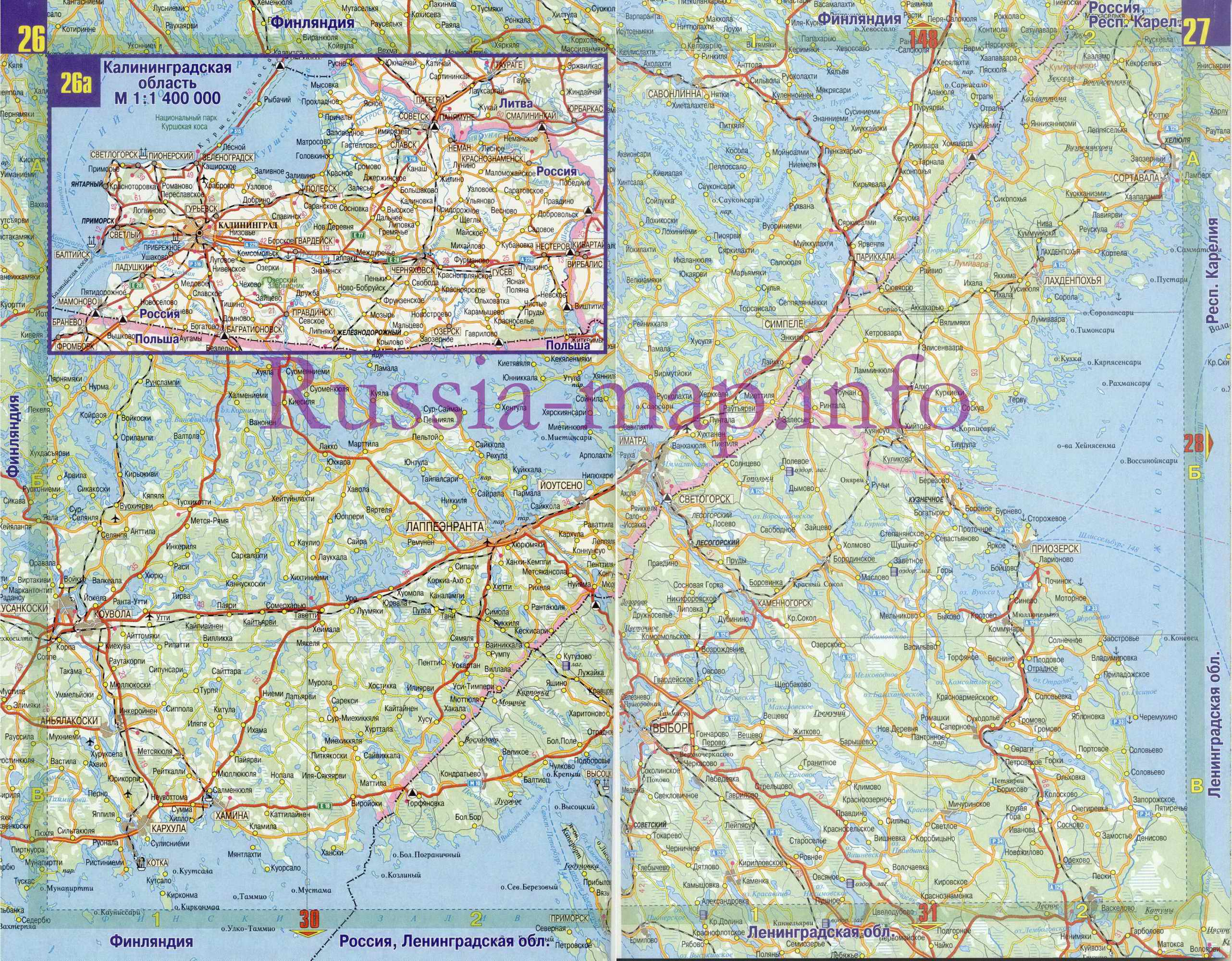Карта дорог Калининградской области. Карта автомобильных дорог - Калининградская область, A0 - 