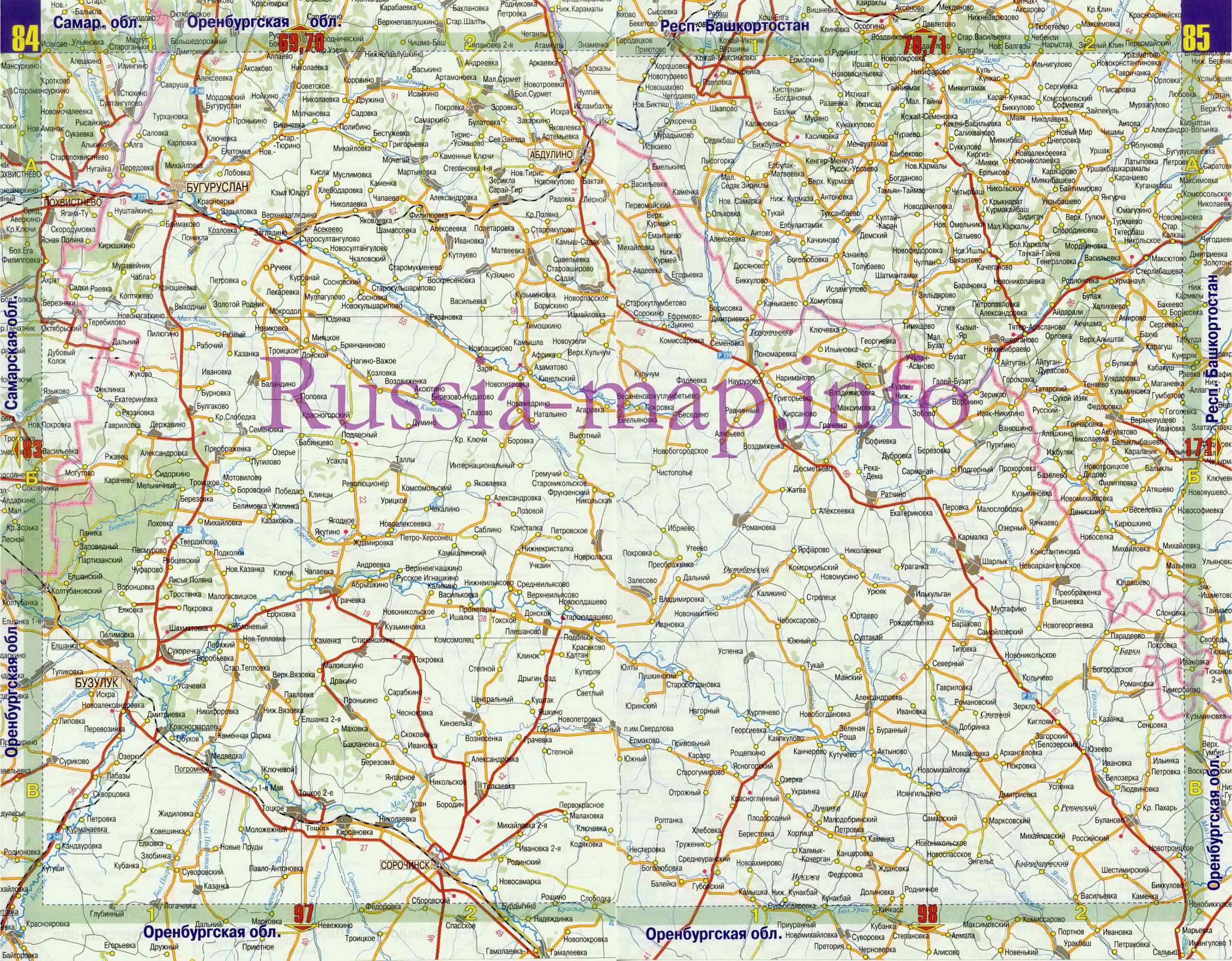 Карта дорог Оренбургской области. Подробная карта автодорог - Оренбургская область, A0 - 