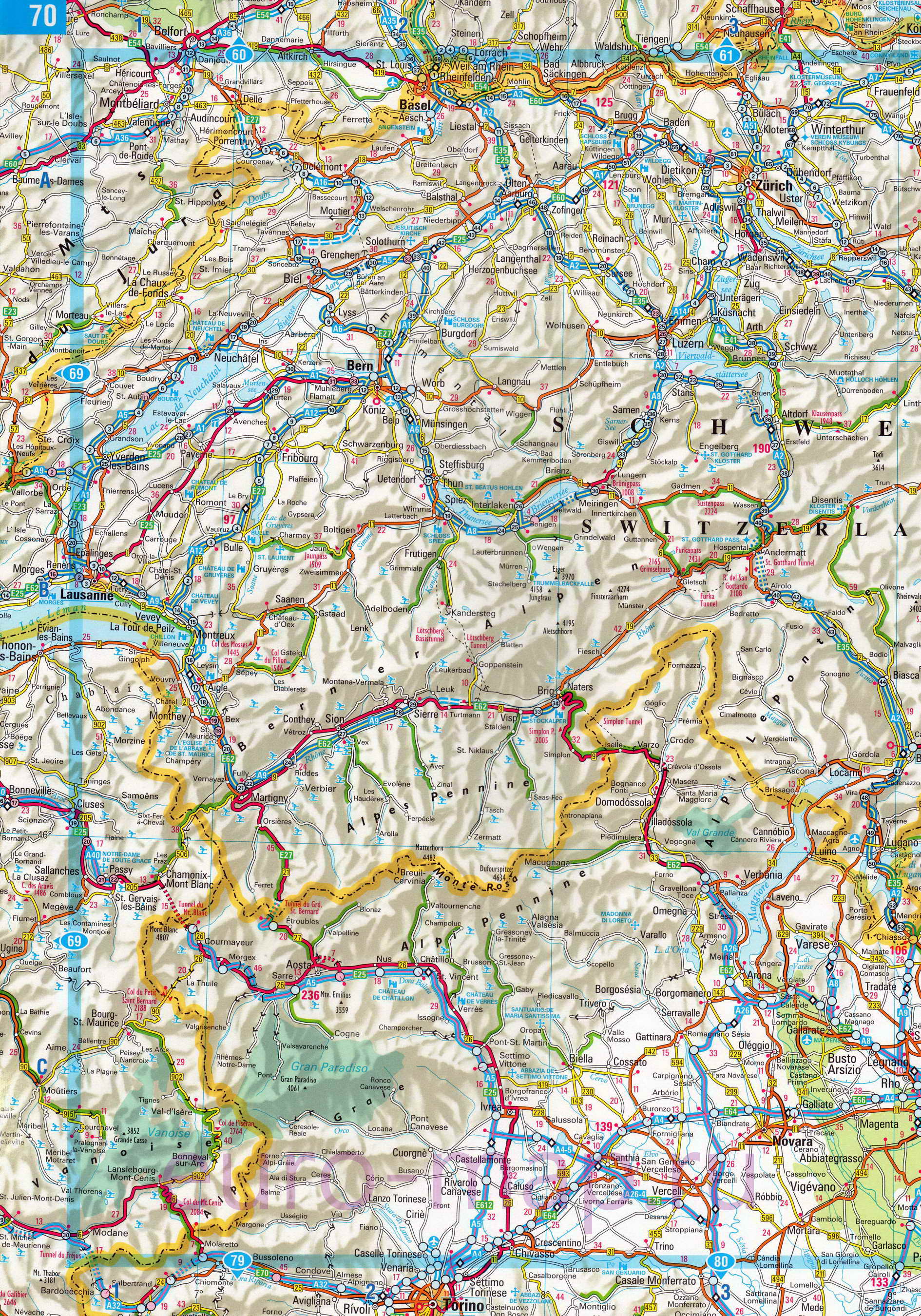 Автомобильная карта Швейцарии. Подробная автомобильная карта Швейцарии, A0 - 