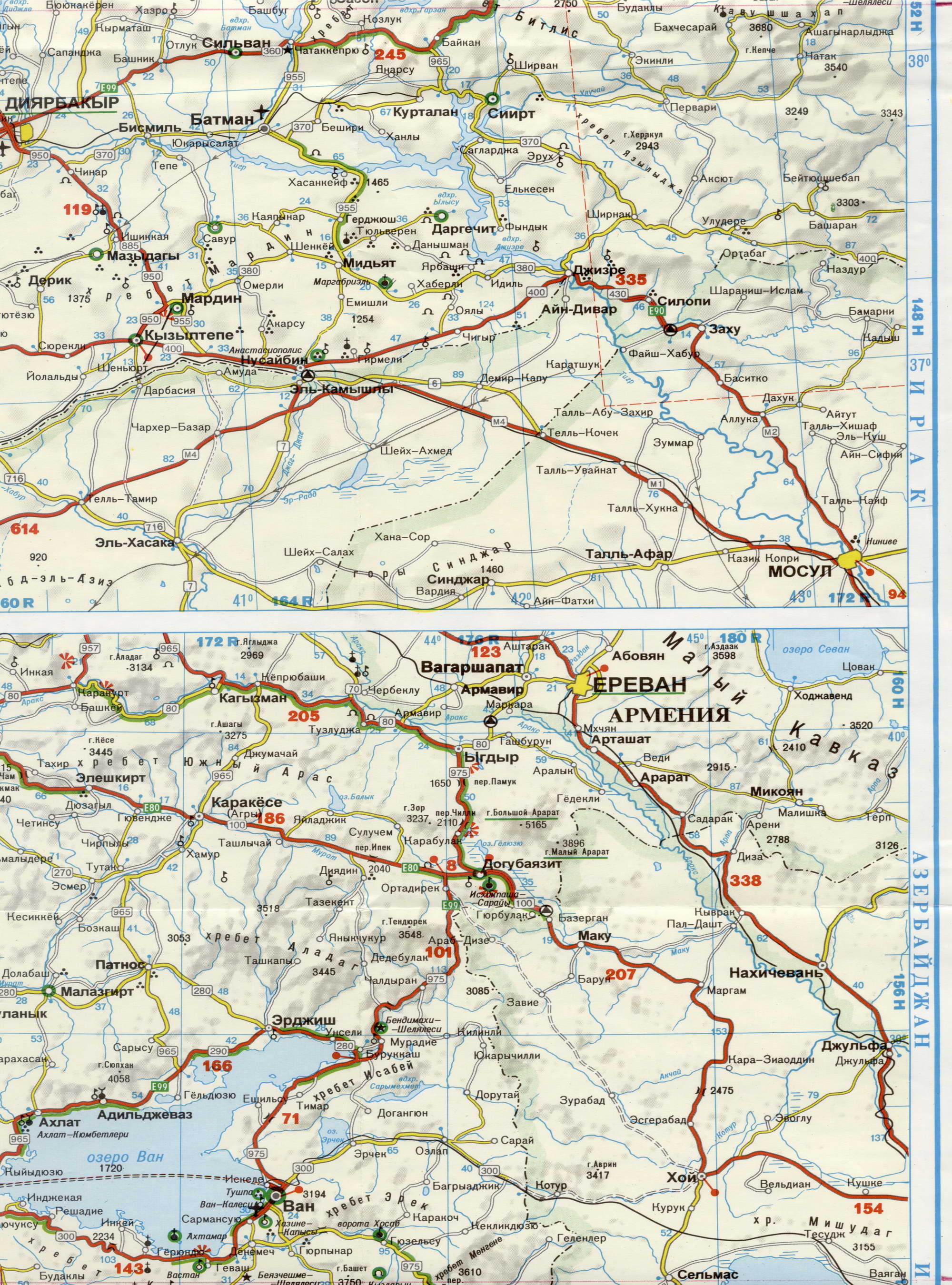 Автомобильная карта Турции на русском языке. Большая подробная карта Турции на русском языке. Автомобильная карта Турции, E1 - 