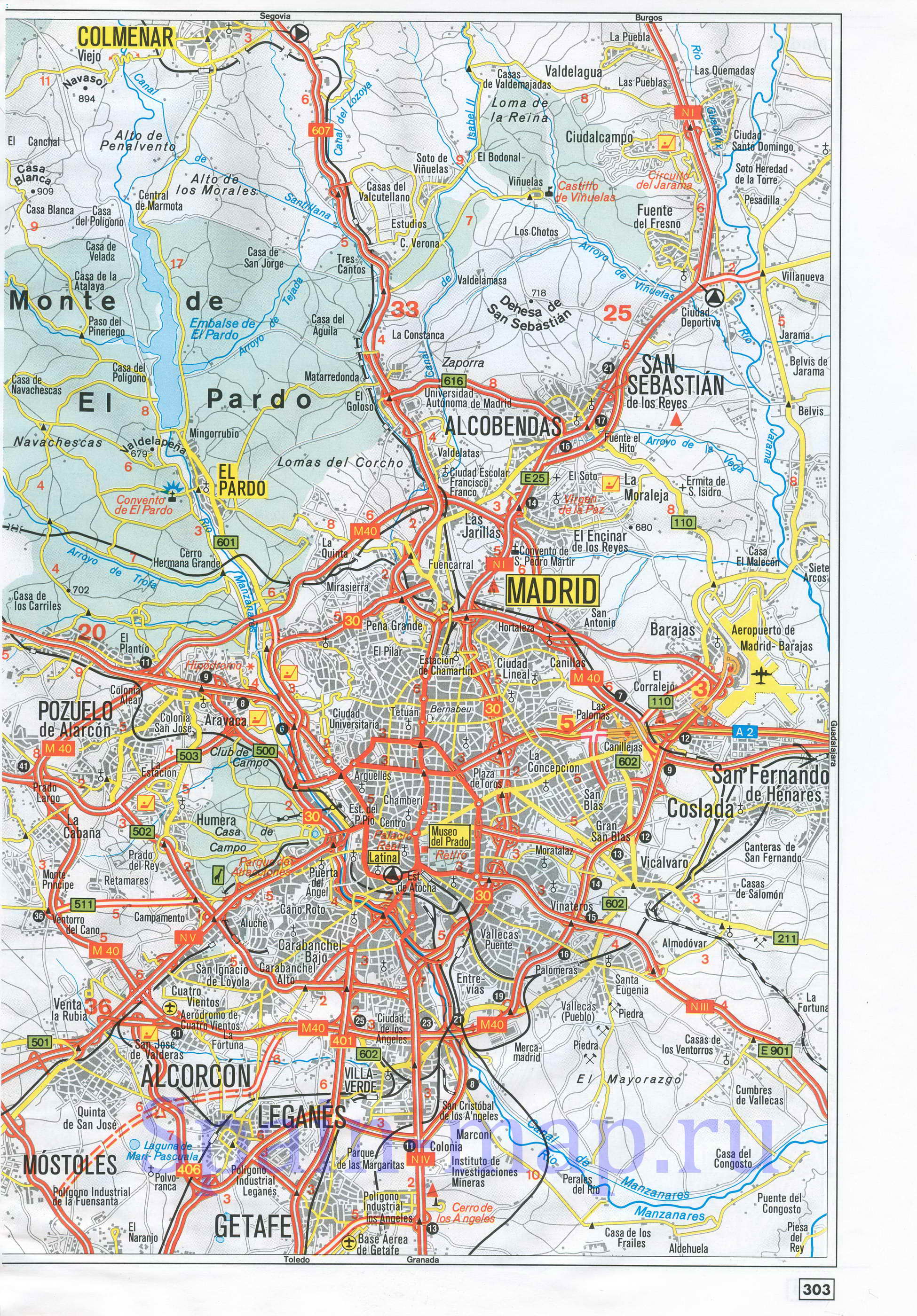Карта Мадрида автомобильная. Подробная автомобильная карта окрестностей Мадрида, B0 - 