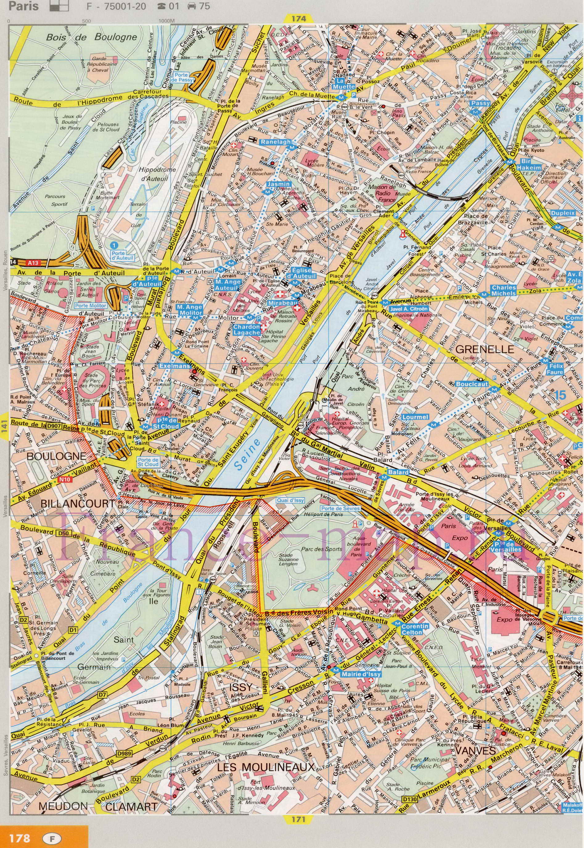 Карта улиц Парижа. Подробная карта Парижа с названиями улиц. Карта Парижа с улицами и достопримечательностями, A1 - 