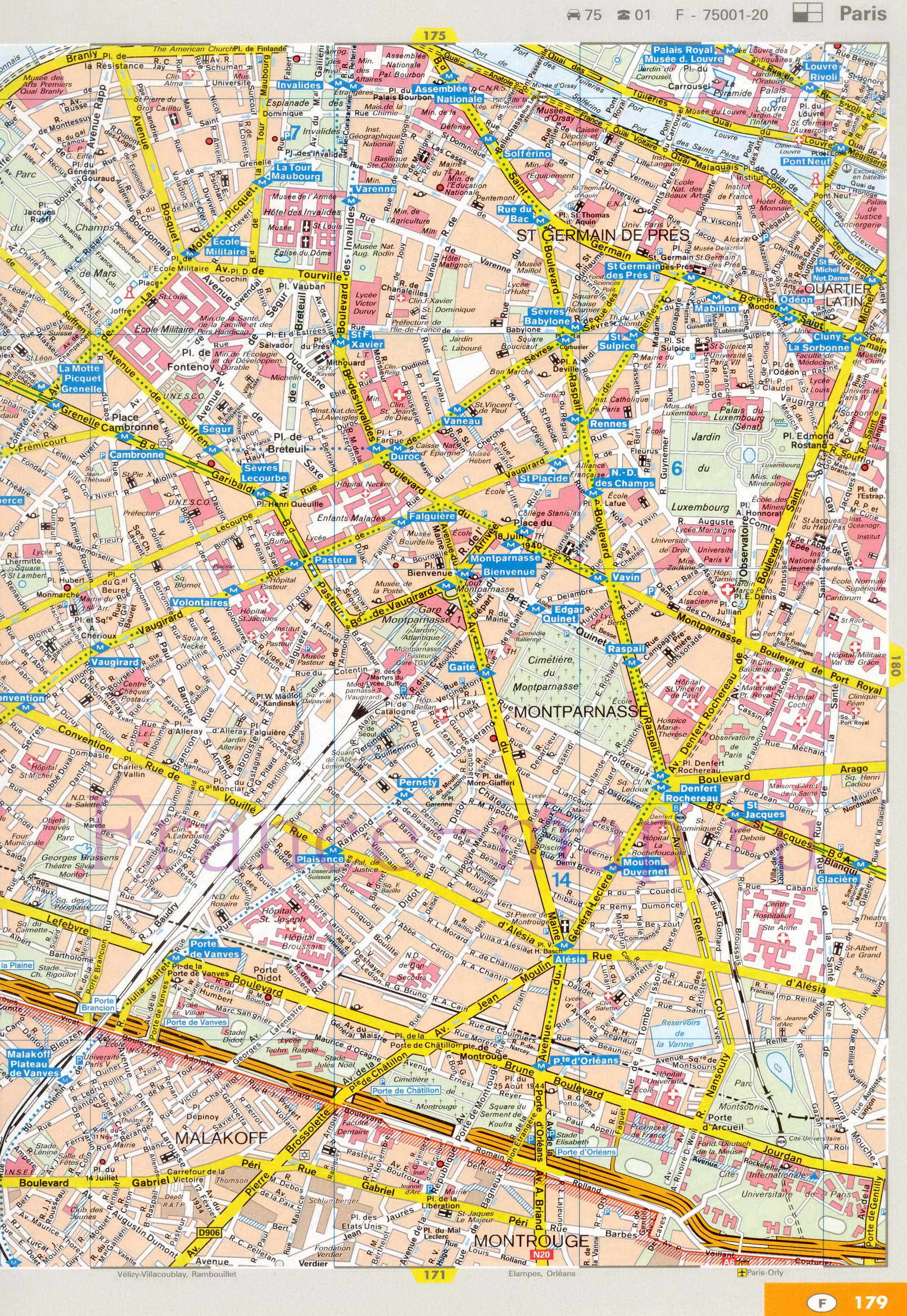 Карта улиц Парижа. Подробная карта Парижа с названиями улиц. Карта Парижа с улицами и достопримечательностями, B1 - 