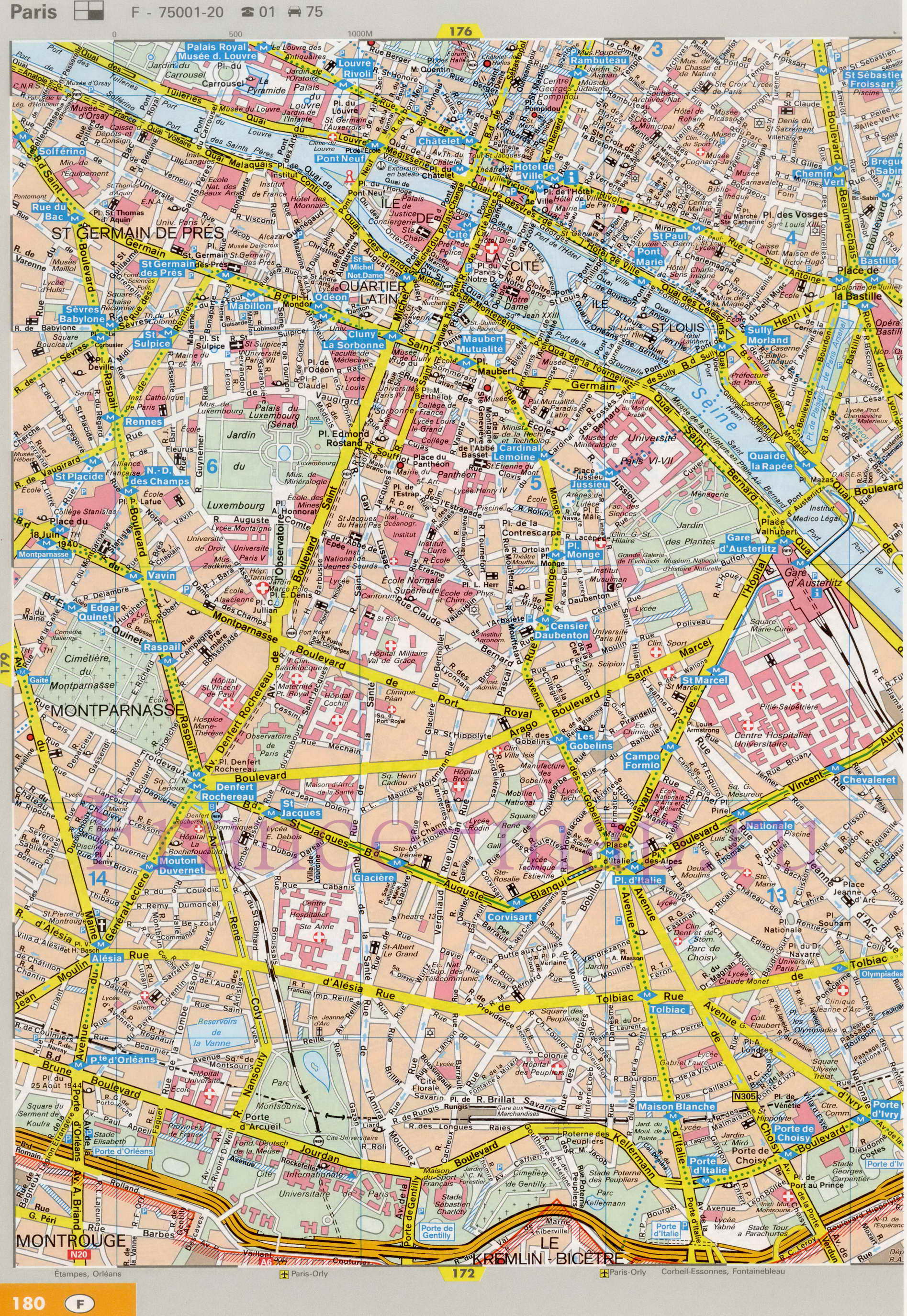 Карта улиц Парижа. Подробная карта Парижа с названиями улиц. Карта Парижа с улицами и достопримечательностями, C1 - 
