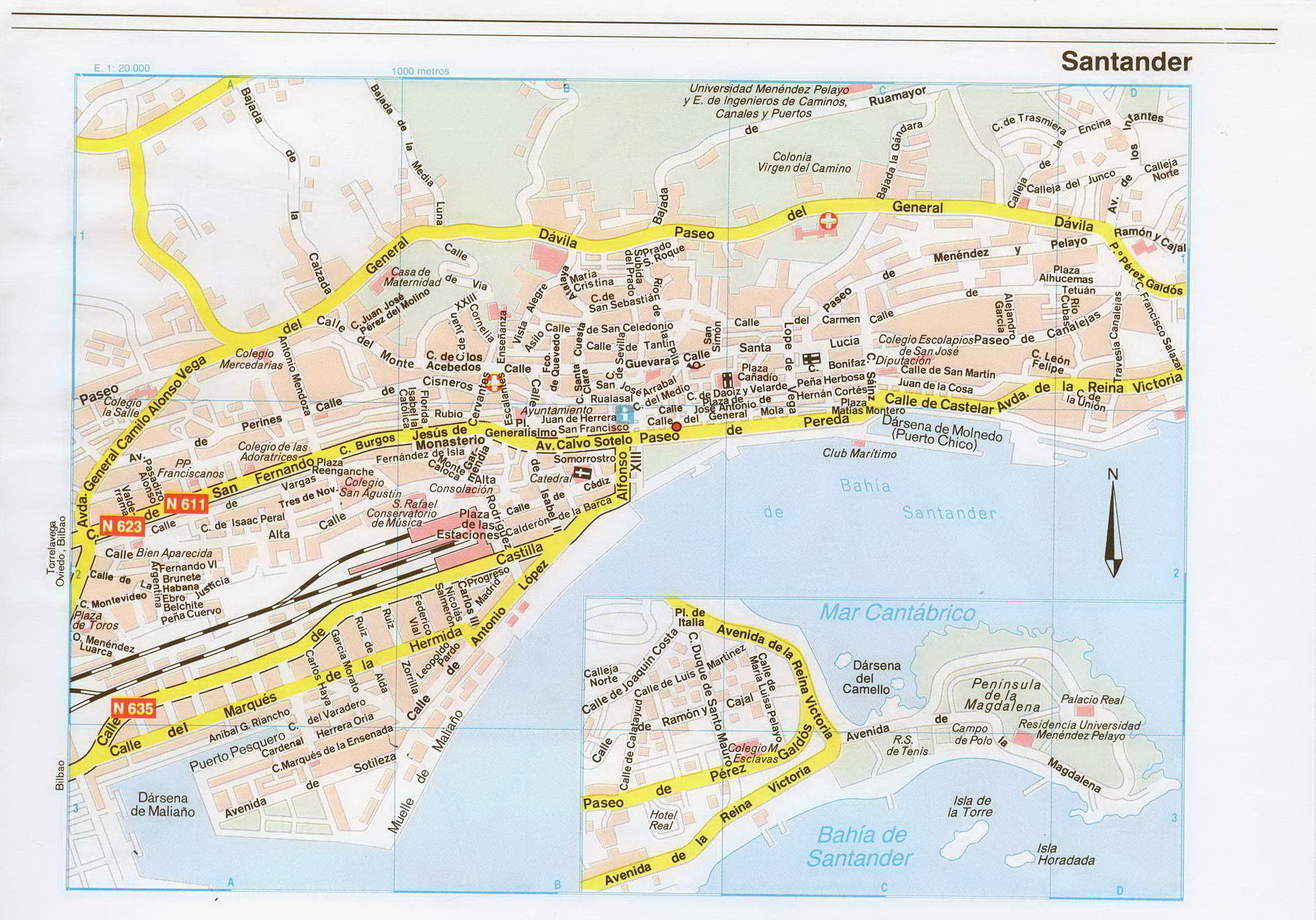 Карта Сантандера, Испания. Подробная карта города порта Сантандер, провинция Кантабрия, A0 - 